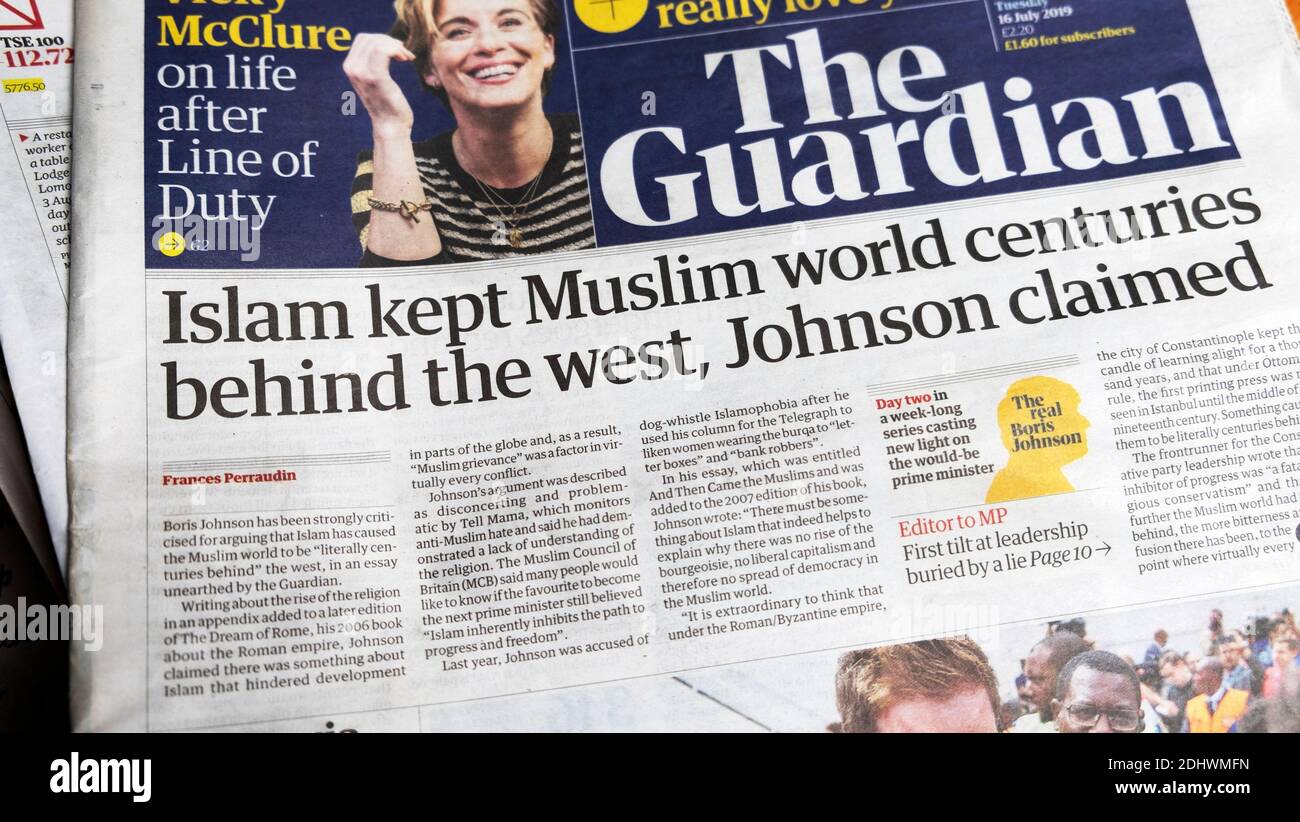 "L'Islam ha tenuto il mondo musulmano secoli dietro l'ovest, Johnson ha dichiarato" Guardian prima pagina giornale in Londra Inghilterra UK 16 luglio 2019 Foto Stock