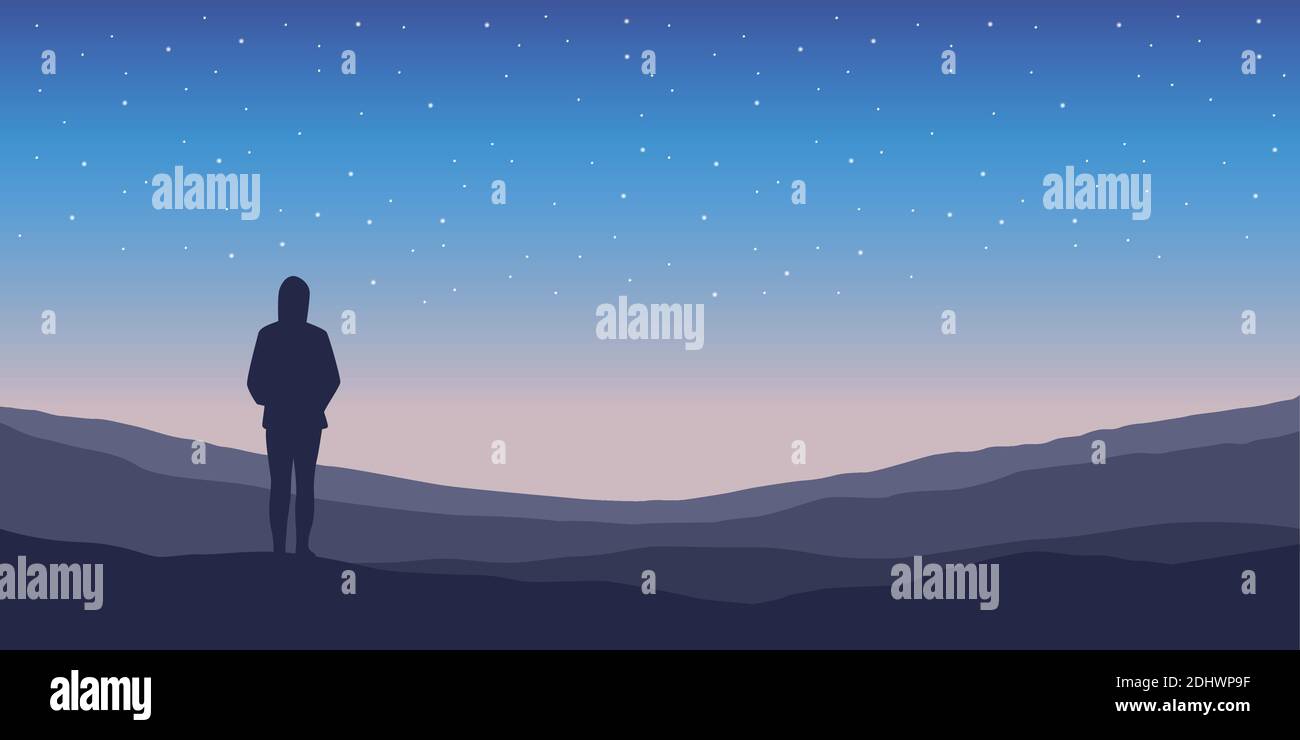 lonely ragazza silhouette di notte su vettore di fondo cielo stellato Illustrazione EPS10 Illustrazione Vettoriale