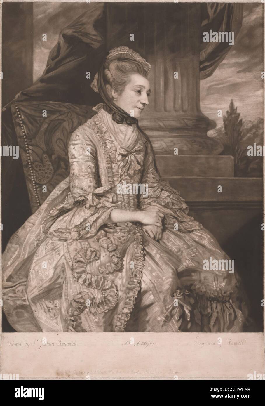 Mrs Montagu, Stampa fatta da John Raphael Smith, 1752–1812, inglese, dopo Sir Joshua Reynolds RA, 1723–1792, inglese, 1776, Mezzotint su carta media, leggermente testurizzata, crema, foglio: 20 1/4 × 14 1/4 pollici (51.4 × 36.2 cm) e immagine: 17 1/2 × 13 7/8 pollici (44.5 × 35.2 cm Foto Stock