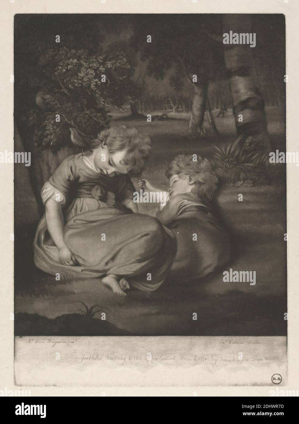 The Children in the Wood, Stampa realizzata da James Watson, 1740–1790, British, dopo Sir Joshua Reynolds RA, 1723–1792, British, 1772, Mezzotint (primo stato) su carta media, leggermente testurizzata, crema, carta deformata, foglio: 19 3/8 × 15 1/8 pollici (49.2 × 38.4 cm), piatto: 14 7/8 × 11 pollici (37.8 × 27.9 cm) e immagine: 12 7/8 × 10 15/16 pollici (32.7 × 27.8 cm Foto Stock