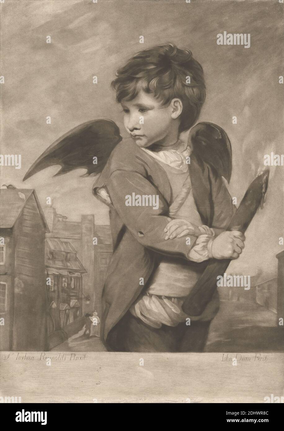 Cupido nel personaggio di un link Boy, Stampa fatta da John Dean,  1754–1798, inglese, britannico Sir Joshua Reynolds RA, 1723–1792, inglese,  1777, Mezzotint su carta di spessore moderato, leggermente testurizzata,  crema, foglio: