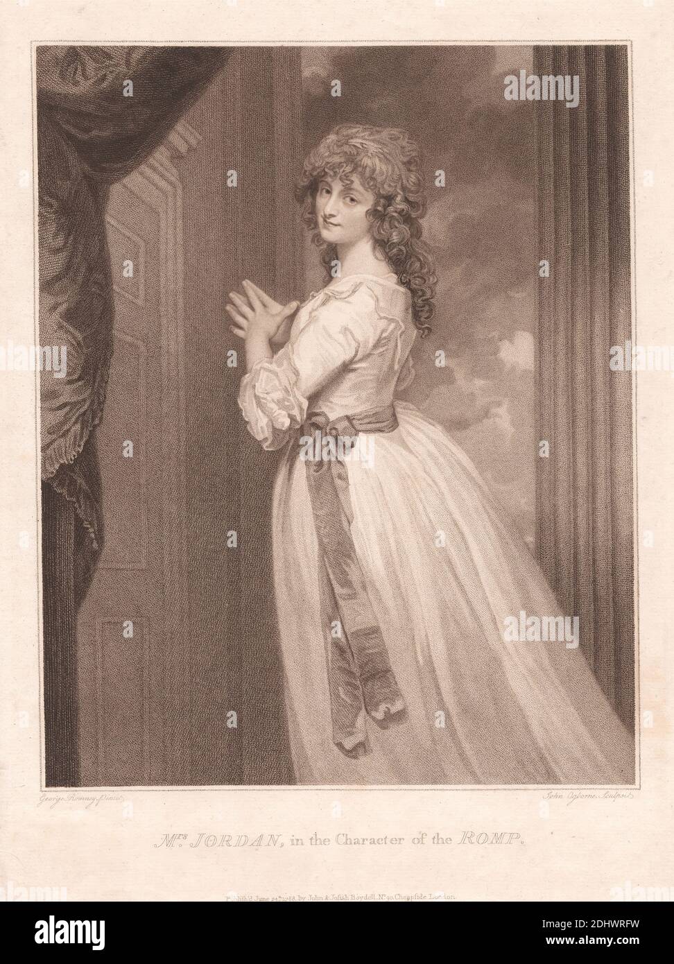 La signora Jordan nel personaggio del Romp, Stampa fatta da John Ogborne il Vecchio, 1755–1795, inglese, dopo George Romney, 1734–1802, inglese, 1788, incisione con impresso (primo stato) su carta deformata, leggermente testurizzata, leggermente spessa, foglio: 14 7/8 × 11 5/16 pollici (37.8 × 28.7 cm) e immagine: 12 1/16 × 9 5/8 pollici (30.6 × 24.4 cm Foto Stock