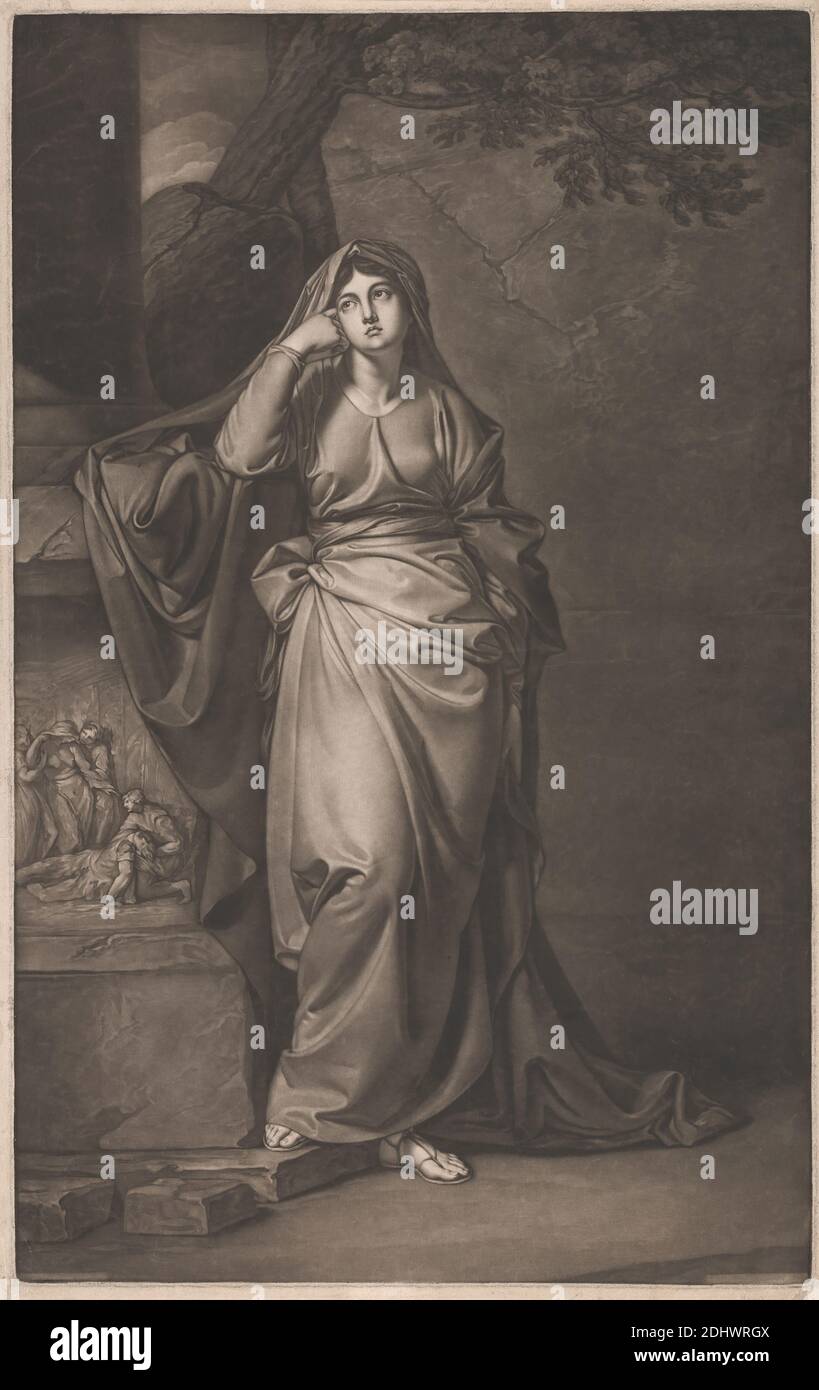 Yates as 'Melancholy' in 'il Penseroso', Stampa fatta da Robert Dunkarton, 1744–1811, British, After George Romney, 1734–1802, British, 1771, Mezzotint su carta media, moderatamente testurizzata, crema, foglio: 24 1/2 × 15 1/2 pollici (62.2 × 39.4 cm), piatto: 24 × 15 pollici (61 × 38.1 cm), immagine: 24 × 15 pollici (61 × 38.1 cm Foto Stock