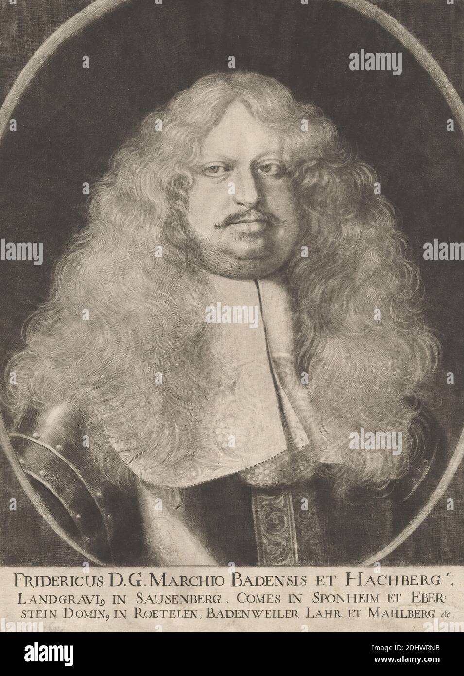 Fredericus D. G., Marchio Badensis et Hachberg, Stampa di Theodore Casper von Furstenberg, ca. 1615–1675, tedesco, non satinato, Mezzotint con incisione su carta di spessore moderato, leggermente testurizzata, beige, foglio: 11 7/16 × 8 11/16 pollici (29 × 22 cm) e immagine: 10 1/8 x 8 1/2 pollici (25.7 x 21.6 cm), armatura, colletto, capelli lunghi, uomo, baffi, obesi, ufficiali (ufficiali militari), ovale, ritratto, posa, solenne, parrucca Foto Stock
