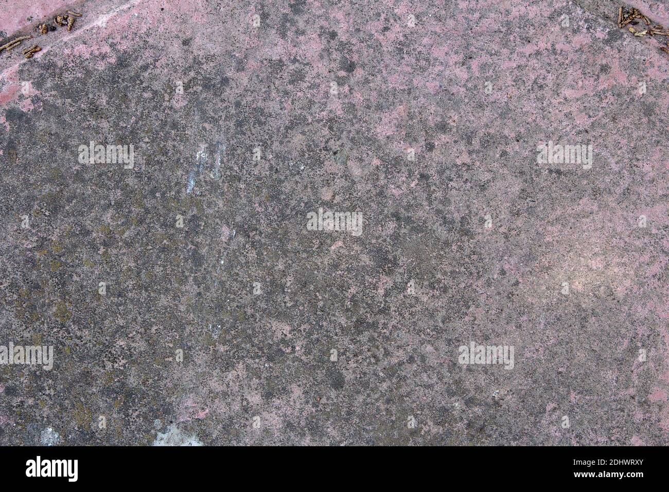 Pavimento in pietra rosa con macchie grigie umide, spruzzi di vernice bianca e tracce di semi in fessure diagonali. Sfondo ruvido. Foto Stock