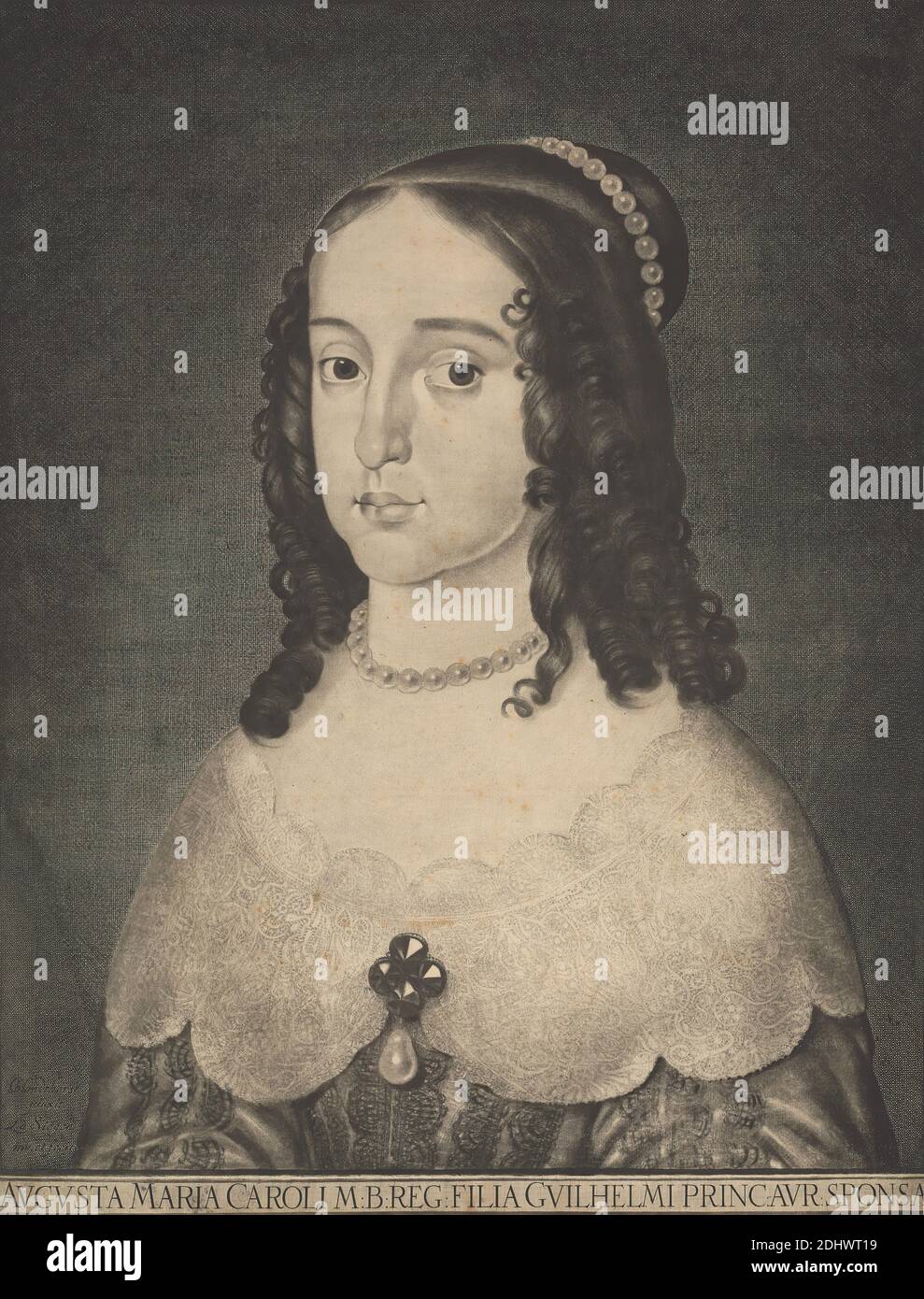 Mary Stuart, Principessa d'arancia, Stampa realizzata da Ludwig von Siegen, 1609–c.1680, tedesco, dopo Gerard van Honthorst, 1590–1656, olandese, attivo in Gran Bretagna nel 1628, 1643, Mezzotint e incisione a filo su carta media, leggermente testurizzata, crema, foglio: 21 1/4 × 16 3/8 pollici (54 × 41.6 cm) e immagine: 20 1/4 × 16 pollici (51.4 × 40.6 cm), ragazza, perle, ritratto, regalità Foto Stock