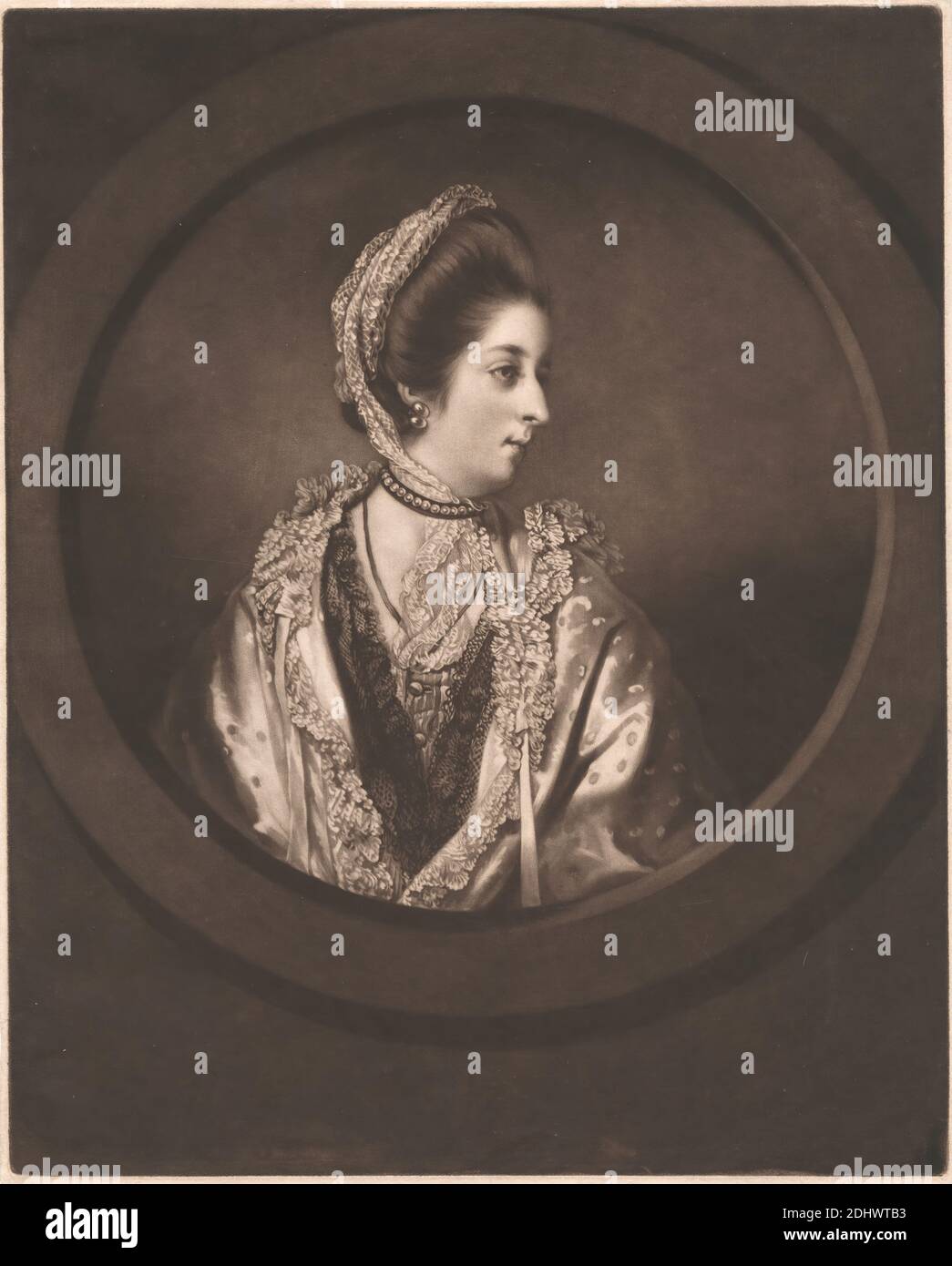 Lady Almeria Carpenter, Stampa realizzata da James Watson, 1740–1790, inglese, dopo Sir Joshua Reynolds RA, 1723–1792, inglese, ca. 1768, Mezzotint (primo stato) su media, moderatamente testurizzata, crema, carta depresso, foglio: 13 15/16 × 11 1/4 pollici (35.4 × 28.6 cm) e immagine: 13 11/16 × 11 pollici (34.8 × 27.9 cm Foto Stock