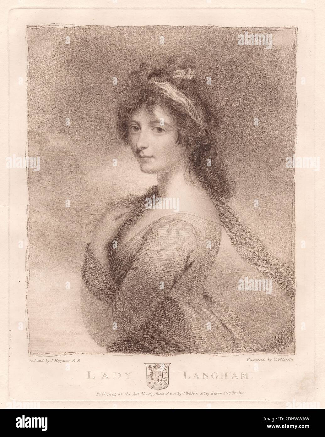 Lady Langham, Stampa realizzata da Charles Wilkin, 1750–1814, inglese, dopo John Hoppner, 1758–1810, inglese, 1800, incisione con impresso su carta di wove crema di spessore moderato, moderatamente testurizzata, foglio: 14 9/16 × 11 1/8 pollici (37 × 28.3 cm), piatto: 9 3/4 × 7 5/8 pollici (24.8 × 19.4 cm), e immagine: 1/8 × 16.8 cm (8 × 5/8 6 20.6 pollici) Foto Stock