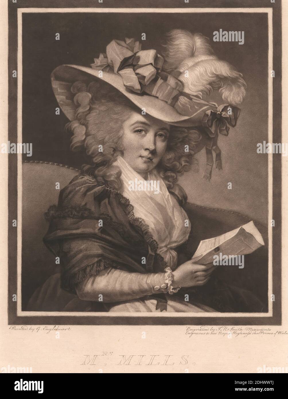 Mrs Mills, Stampa realizzata da John Raphael Smith, 1752–1812, British, After George Engleheart, 1753–1829, British, 1786, Mezzotint su carta spessa, moderatamente testurizzata, crema, foglio: 13 11/16 × 9 7/16 pollici (34.8 × 24 cm) e immagine: 9 11/16 × 8 pollici (24.6 × 20.3 cm Foto Stock