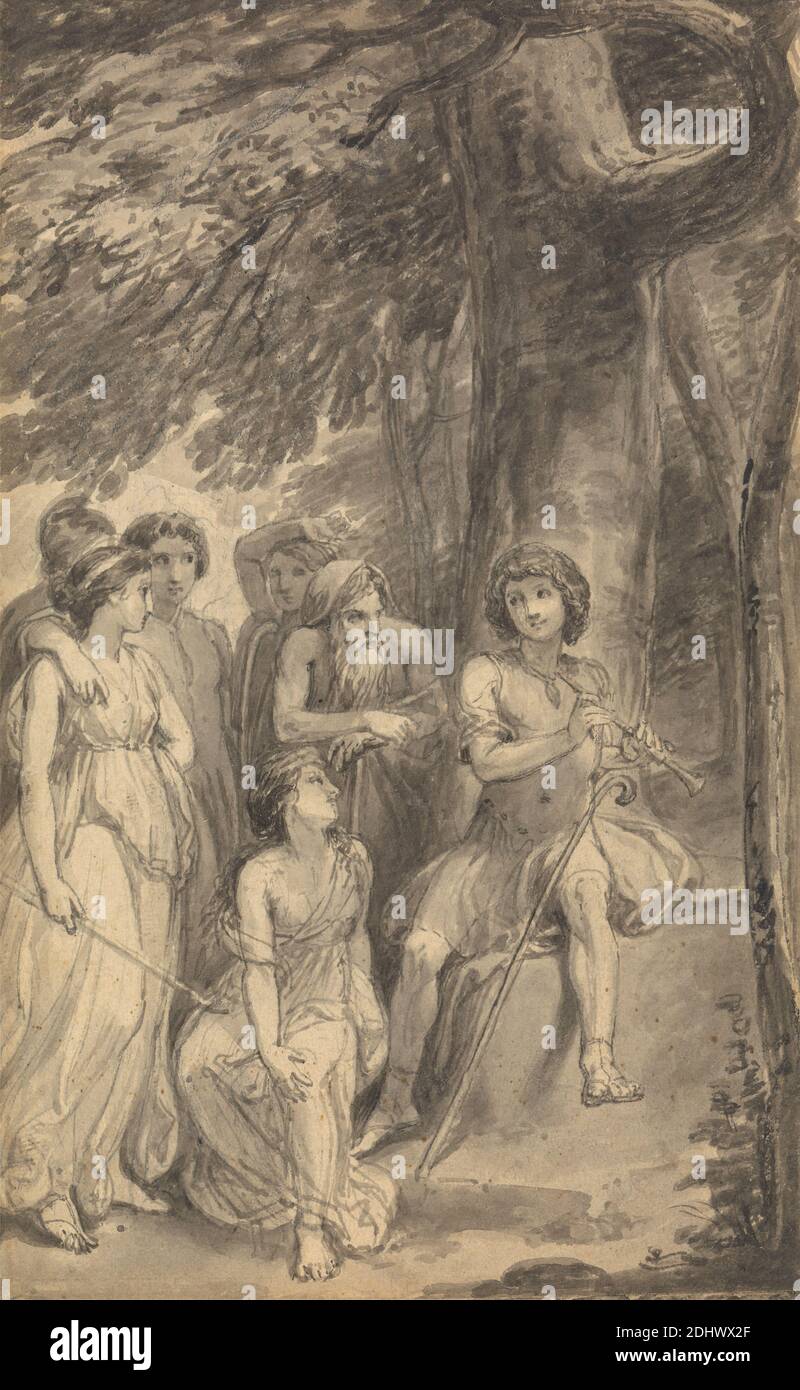 Una delle sei illustrazioni di "le avventure di Telemachus figlio di Ulisse" di Fenelon, Thomas Stothard, 1755–1834, inglese, ca. 1784, inchiostro penna e grigio, grafite e grigio su carta media, leggermente testurizzata, in wove crema, foglio: 4 11/16 x 2 7/8". (11.9 x 7,3 cm) e foglio: 4 3/4 × 3 pollici (12.1 × 7.6 cm), mitologia greca, tema letterario, mitologia, ninfe, soggetto religioso e mitologico, Telemaco e Calipso Foto Stock