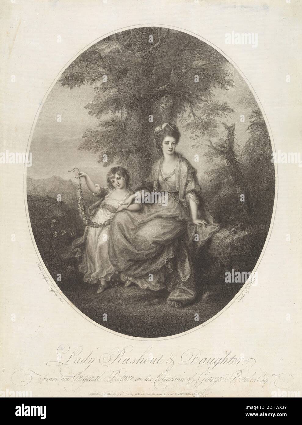Lady Rushout and Daughout and Daughter, Stampa di Thomas Burke, 1749–1815, britannico, dopo Angelica Kauffmann RA, 1741–1807, svizzero, attivo in Gran Bretagna (1766–81), pubblicato da William Dickinson, 1746–1823, inglese, 1784, incisione a stipsi, mezzotinta e incisione su carta leggermente testurizzata, crema, foglio: 17 1/16 × 13 1/16 pollici (43.3 × 33.2 cm) e immagine: 13 1/4 x 10 9/16 pollici (33.6 x 26.9 cm), bellezza, bambino, figlia, vestito fantasia, fiori (piante), ghirlande, capelli, signora, paesaggio, madre, ovale, perle, ritratto, seduta, alberi Foto Stock