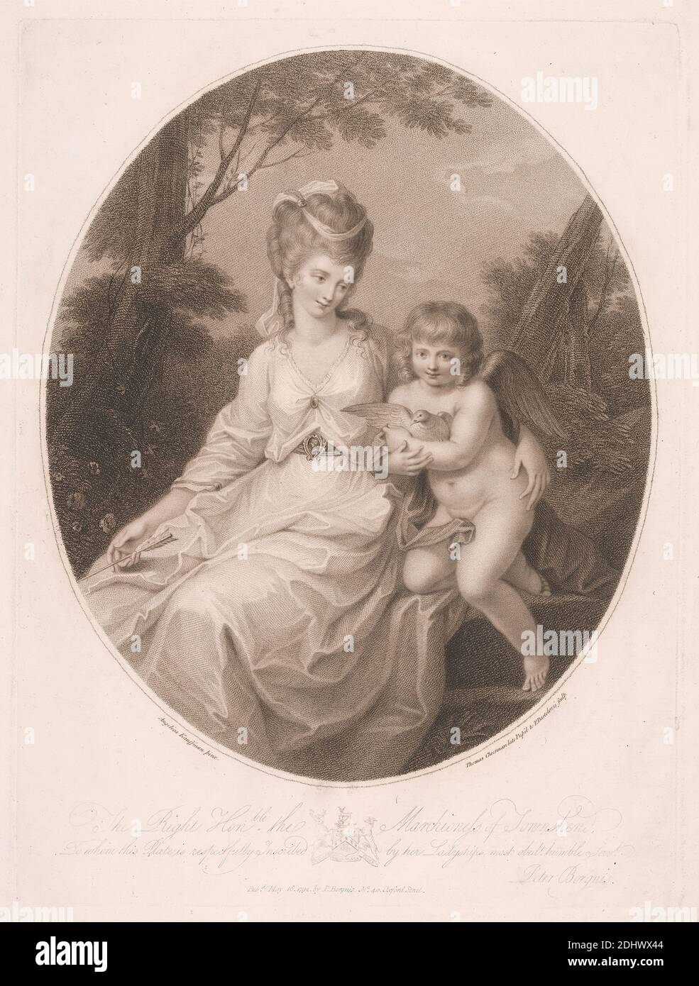Marchioness of Townshend and Child, Stampa realizzata da Thomas Cheesman, 1760–1834/35, inglese, dopo Angelica Kauffmann RA, 1741–1807, svizzero, attivo in Gran Bretagna (1766–81), 1792, incisione e incisione su palafitte su carta media, leggermente testurizzata, crema, foglio: 21 × 16 3/4 pollici (53.3 × 42.5 cm), piatto: 15 1/4 × 11 1/2 pollici (38.7 × 29.2 cm), e immagine: 12 3/4 × 10 5/8 pollici (32.4 × 27 cm), bambino, cupido, ricci, colomba, abito, tenuta, marchionessa, madre, soggetto religioso e mitologico, nastro, seduto, cielo, alberi, ali Foto Stock