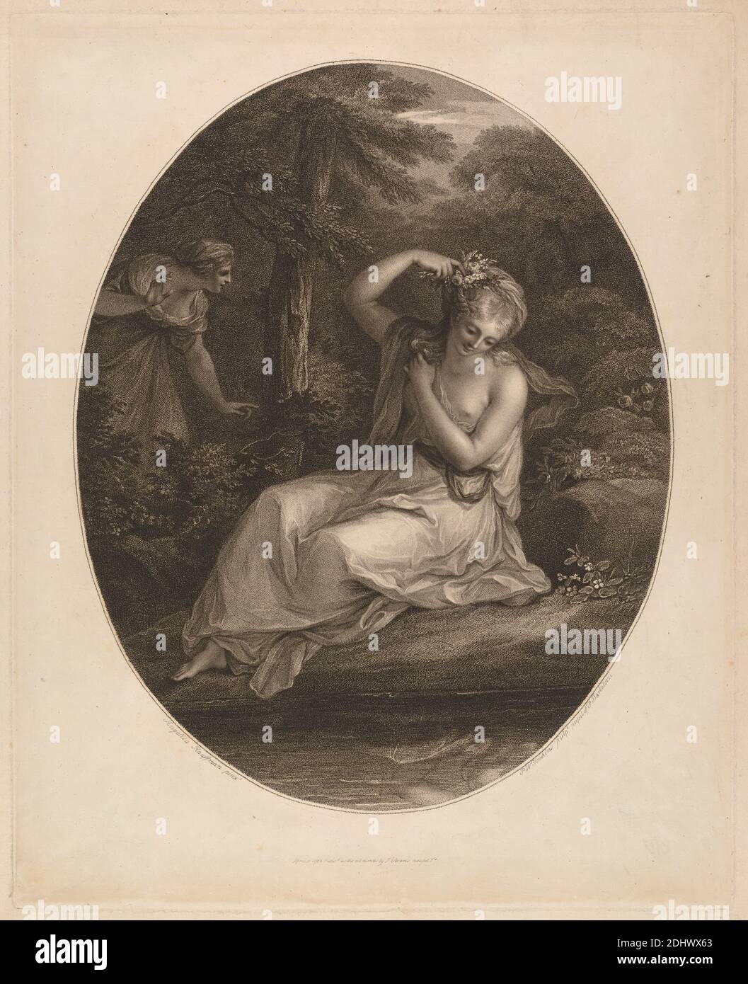 Sylvia, Stampa realizzata da Peltro W. Tomkins, 1760–1840, inglese, dopo Angelica Kauffmann RA, 1741–1807, svizzero, attivo in Gran Bretagna (1766–81), 1786, incisione con impresso su carta media, moderatamente testurizzata, beige, foglio: 16 5/8 × 13 5/16 pollici (42.2 × 33.8 cm), piastra: 15 1/2 pollici (39.4 cm), immagine: 12 7/8 × 10 1/4 pollici (32.7 × 26 cm Foto Stock