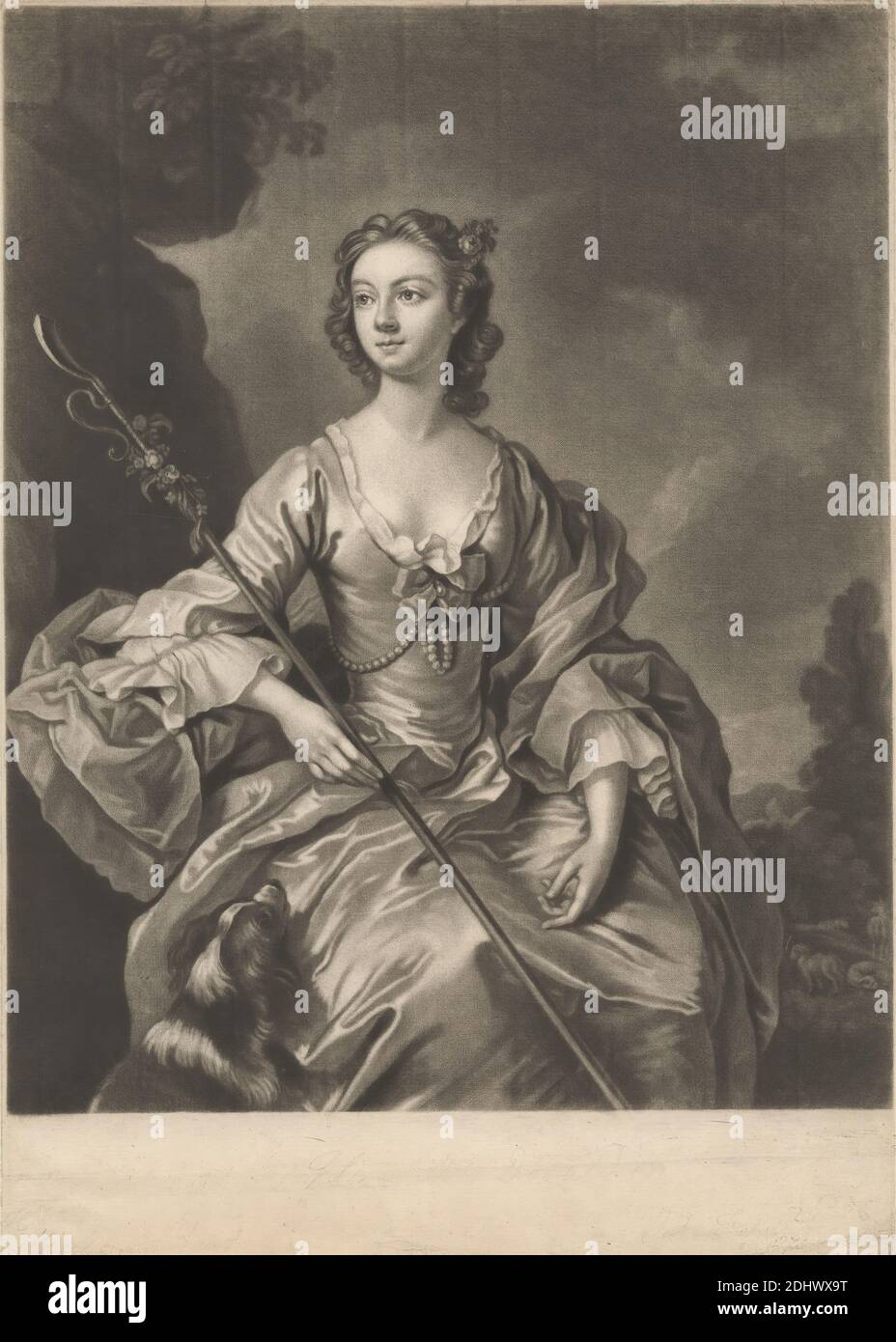 Pastore, Stampa di John Faber il giovane, ca. 1695–1756, olandese, attivo in Gran Bretagna, dopo Henry Pickering, attivo 1740–1771, inglese, non satinato, mezzotint su carta media, leggermente testurizzata, panna, foglio: 14 × 10 1/16 cm (× 35.5 25.5 pollici) e immagine: 12 3/16 x 9 13/16 pollici (31 x 25 cm), arco (accessorio costume), costume, cane (animale), balze, abito, perle, ritratto, pecora, crook di pastore, pastore, donna Foto Stock