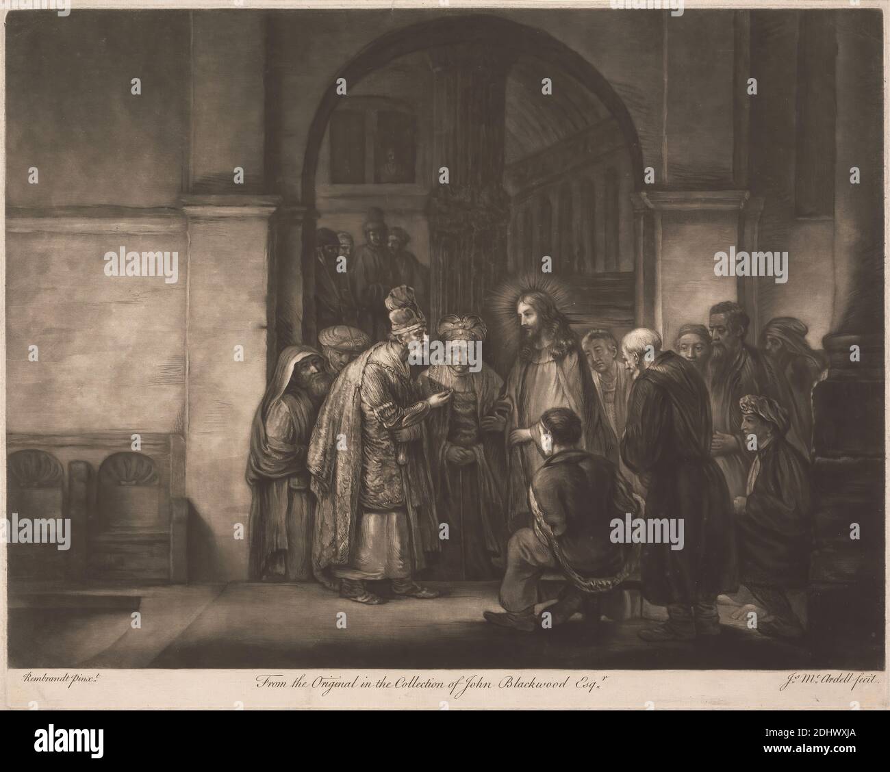 The Tribute Money, Stampa realizzata da James McArdell, ca. 1729–1765, irlandese, After Rembrandt van Rijn, 1606–1669, olandese, non satinato, mezzotint su carta media, leggermente testurizzata, crema, foglio: 16 1/4 × 20 1/4 pollici (41.3 × 51.4 cm), piatto: 15 3/4 × 19 7/8 pollici (40 × 50.5 cm) e immagine: 15 × 19 7/8 pollici (38.1 × 50.5 cm), arco, cristianesimo, folla, discepoli, alone, mantello, nuovo Testamento, paga, pew, materia religiosa e mitologica, collettore fiscale, insegnamento, tempio, turbanti Foto Stock