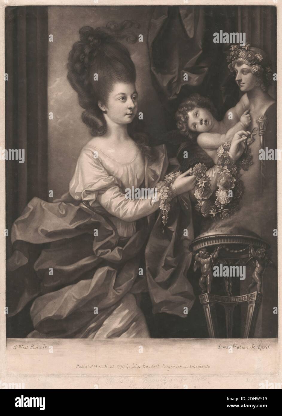 Lady Beauchamp Proctor, Stampa realizzata da James Watson, 1740–1790, inglese, After Benjamin West, 1738–1820, americano, attivo in Gran Bretagna (dal 1763), pubblicato da John Boydell, 1720–1804, britannico, 1779, Mezzotint su carta leggermente spessa, moderatamente testurizzata, crema, foglio: 15 7/8 × 11 9/16 pollici (40.3 × 29.4 cm), piatto: 14 15/16 × 11 1/16 pollici (37.9 × 28.1 cm) e immagine: 13 1/2 × 11 pollici (34.3 × 27.9 cm Foto Stock