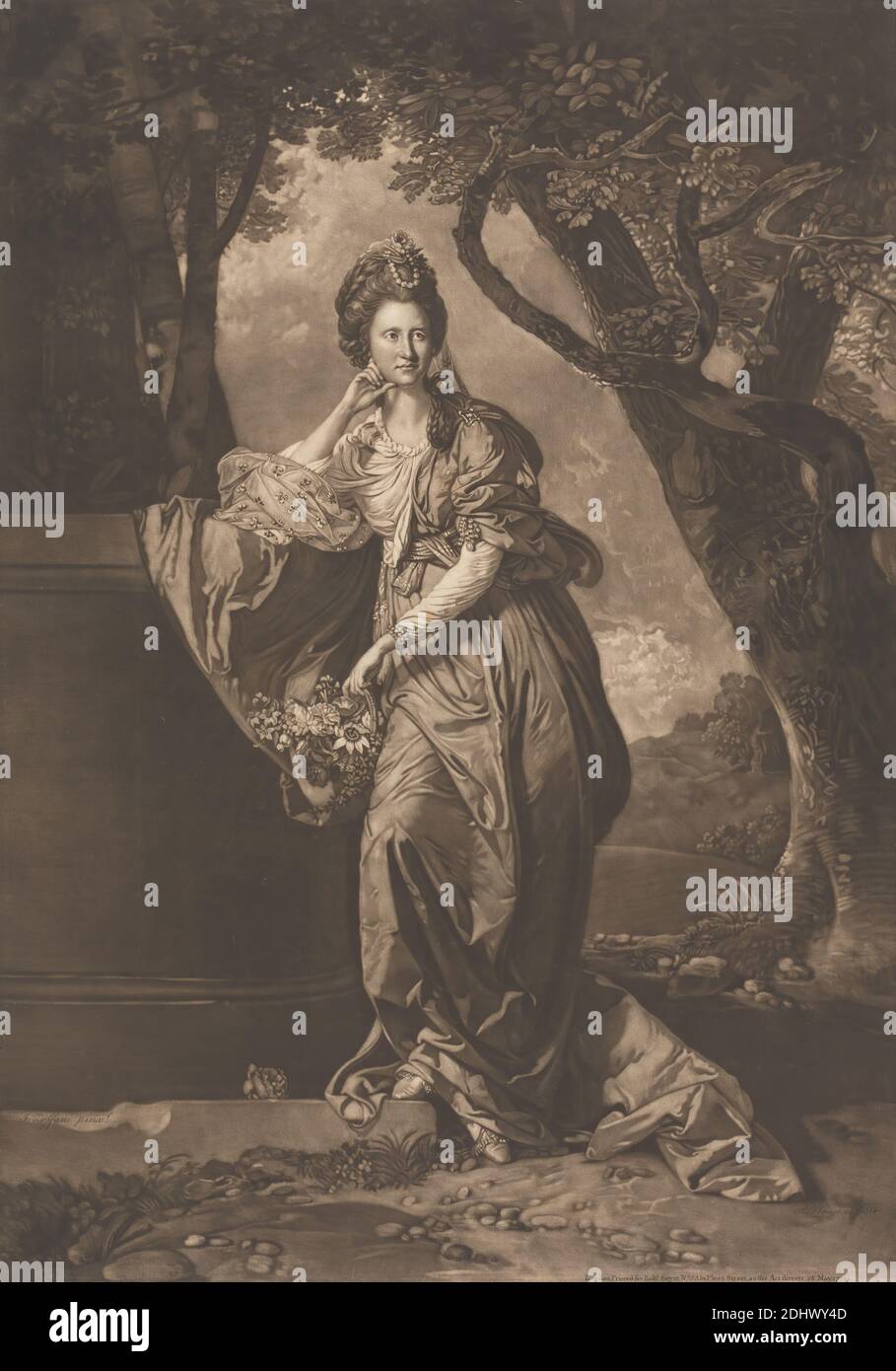 Sig.ra Catherine Wodhull, Richard Houston, ca. 1721–1775, inglese, dopo Johan Joseph Zoffany RA, 1733–1810, tedesco, attivo in Gran Bretagna (dal 1760), 1772, Mezzotint su carta media, leggermente testurizzata, crema, foglio: 22 x 16 pollici (55.9 x 40.6 cm), piatto: 19 7/8 x 14 pollici (50.5 x 35.6 cm) e immagine: 19 7/8 x 14 pollici (50.5 x 35.6 cm), cesto, tendaggi, abito, fiori (piante), ritratto, albero, parete, parete, donna Foto Stock