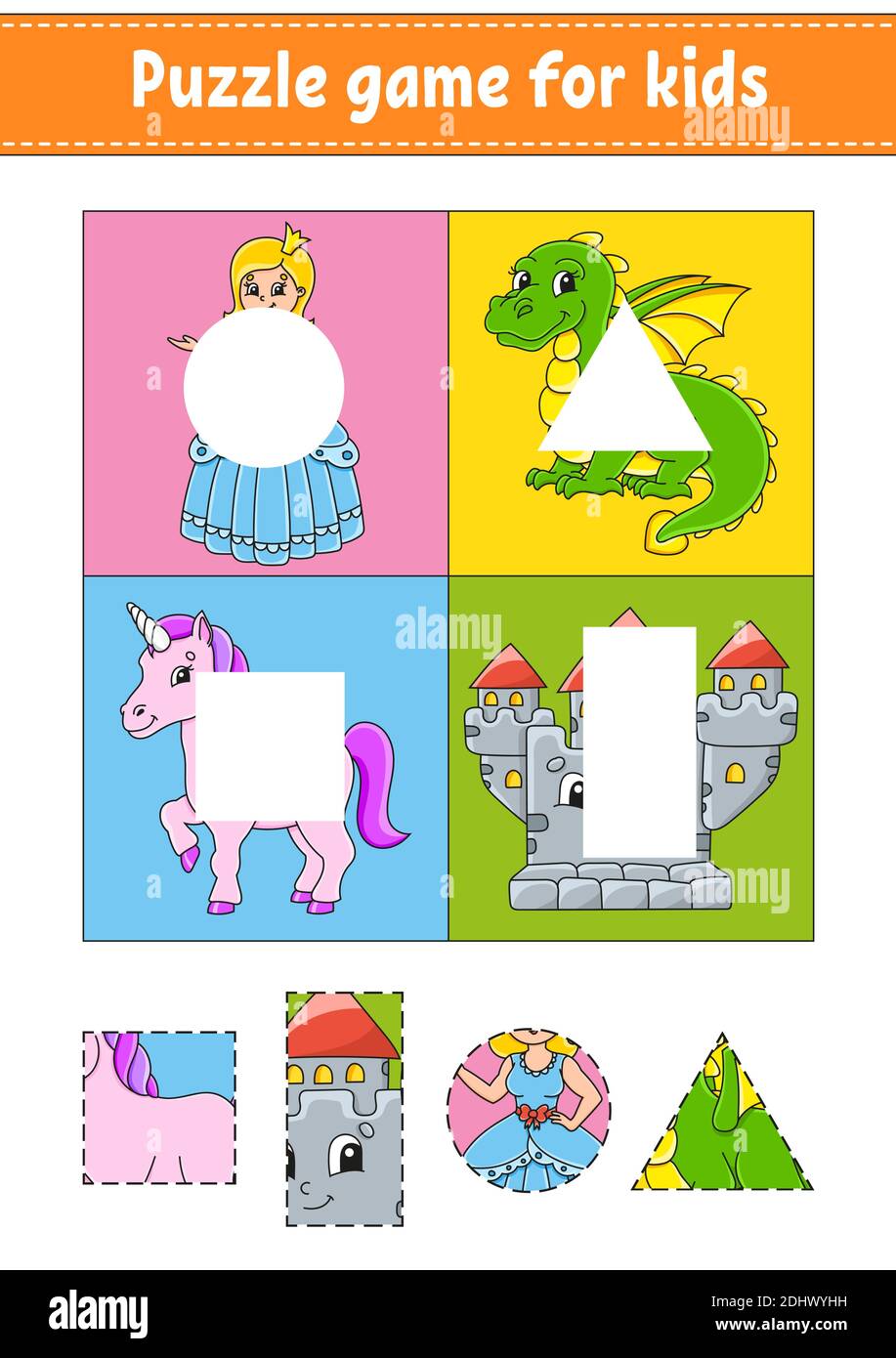 Gioco di puzzle per bambini. Taglia e incolla. Pratica di taglio. Forme di apprendimento. Foglio di lavoro Education. Cerchio, quadrato, rettangolo, triangolo. Attività page.Cartoo Illustrazione Vettoriale