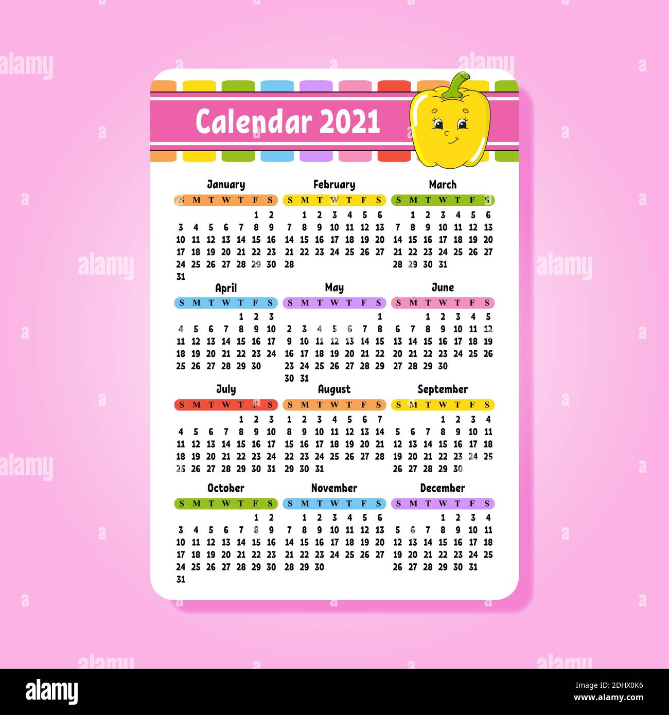 Calendario per il 2021 con un carattere carino. Design divertente e luminoso. Illustrazione vettoriale a colori isolata. Formato tascabile. Stile cartone animato. Illustrazione Vettoriale