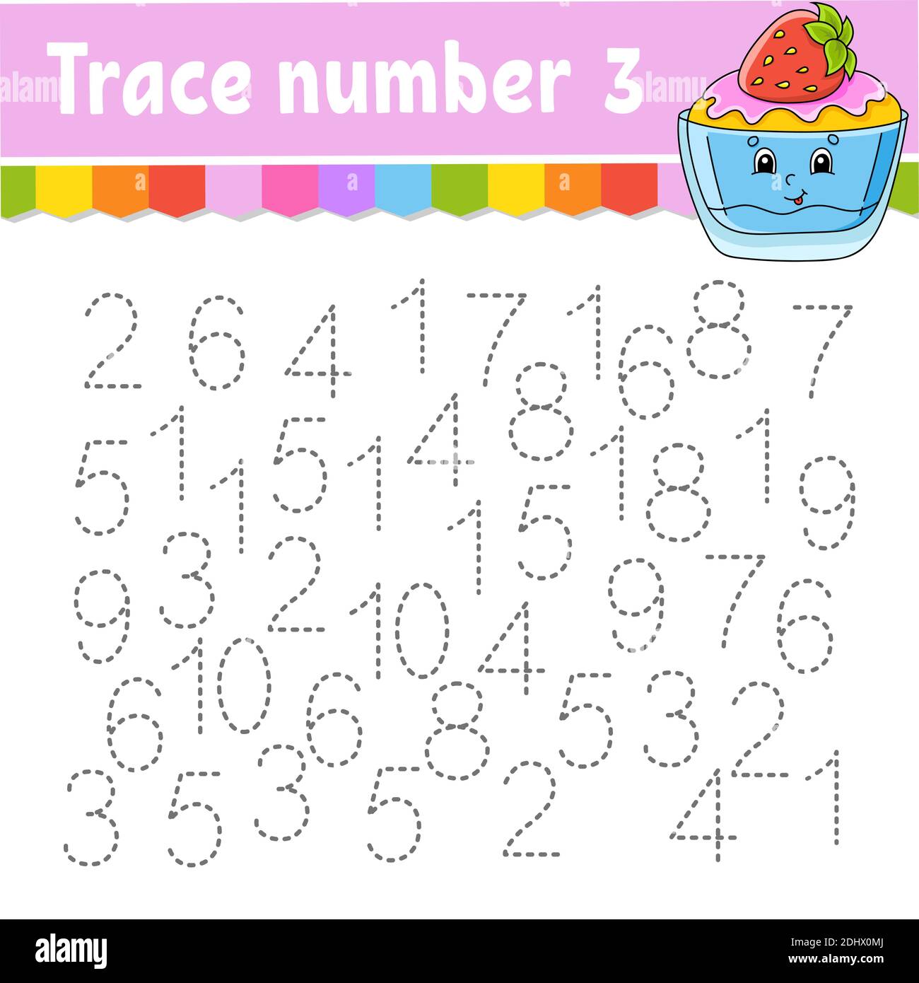 Numero traccia . Pratica di scrittura a mano. Numeri di apprendimento per bambini. Foglio di lavoro per lo sviluppo dell'istruzione. Pagina attività. Gioco per bambini e preschoolers. ISO Illustrazione Vettoriale