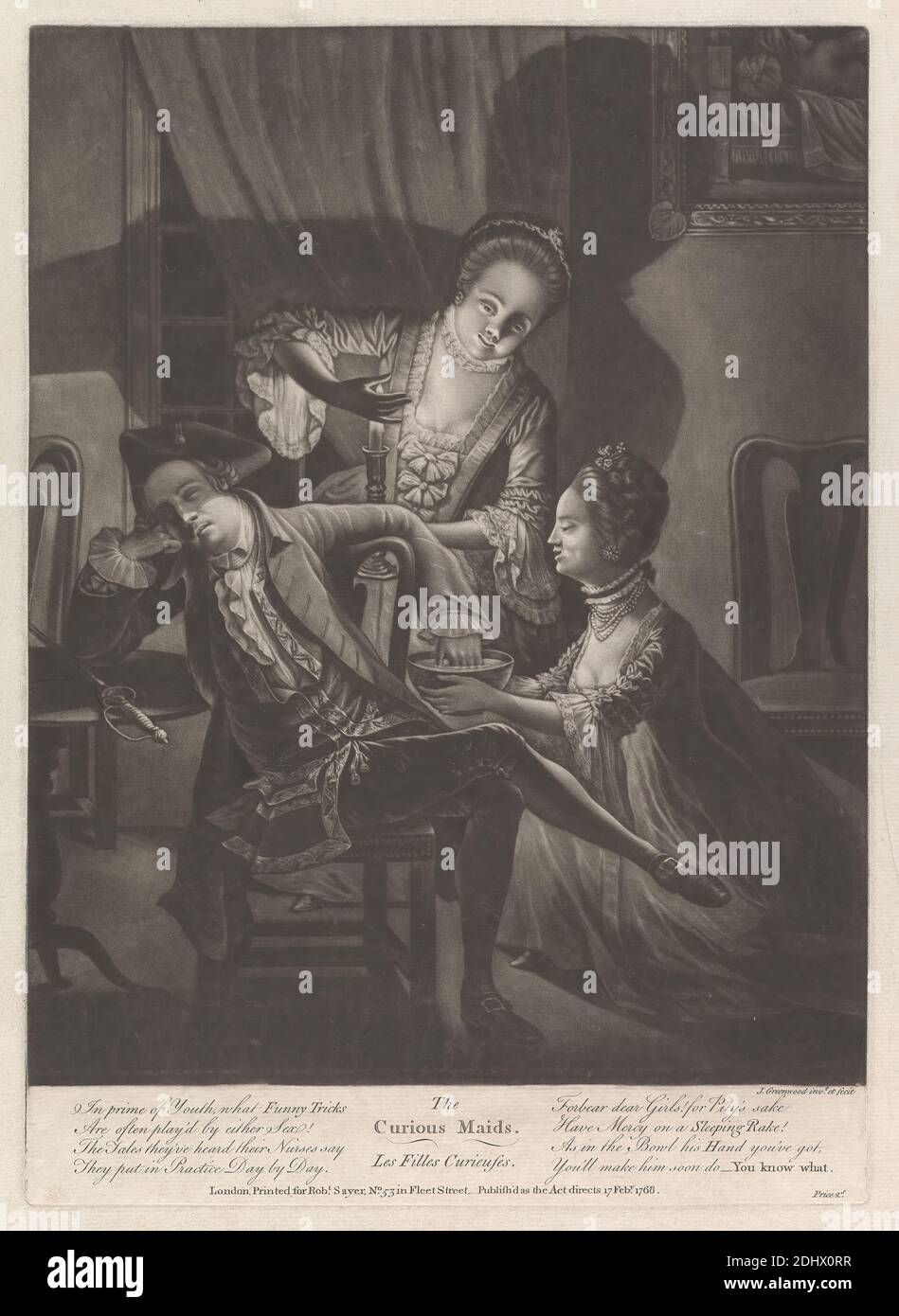 The Curious Maids, Stampa fatta da John Greenwood, 1727–1792, americano, attivo in Gran Bretagna (dal 1763), pubblicato da Robert Mayer, 1725–1794, inglese, 1768, Mezzotint su carta leggermente spessa, leggermente testurizzata, crema, foglio: 17 3/8 x 11 3/4 pollici (44.2 x 29.8 cm), piatto: 13 7/8 x 9 15/16 pollici (35.3 x 25.2 cm), e immagine: 12 1/2 x 9 15/16 pollici (31.7 x 25.2 cm), ciotola, archi (accessori costume), candela, sedie, cappotto, costume, cravat, tende, tendaggi, balze, soggetto di genere, abiti, umorismo, interni, gioielli, ridere, cameriere, uomini, collane, notte, perle, sonno, spada, calci Foto Stock