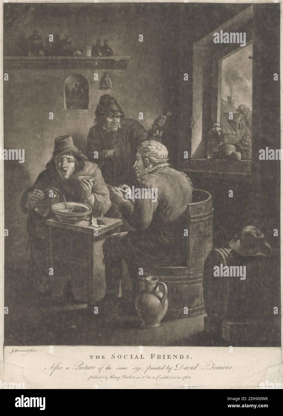 The Social Friends, Stampa di John Greenwood, 1727–1792, americano, attivo in Gran Bretagna (dal 1763), dopo David Teniers, 1582–1649, fiammingo, dopo David Teniers, 1610–1690, fiammingo, pubblicato da Henry Parker, 1725–1809, britannico, 1768, Mezzotint su carta leggermente spessa, moderatamente testurizzata, crema, foglio: 15 3/4 x 11 7/16 pollici (40 x 29 cm), piastra: 11 1/8 x 39 cm (15 3/8 x 28.2 pollici) e immagine: 11 1/8 x 13 3/4 pollici (28.2 x 35 cm), barili, bocce, sedie, bere, mangiare, cibo, amici, riunione, genere soggetto, cappelli, interni, vasi, brocche, uomini, contadini, pipe (attrezzature per fumare Foto Stock