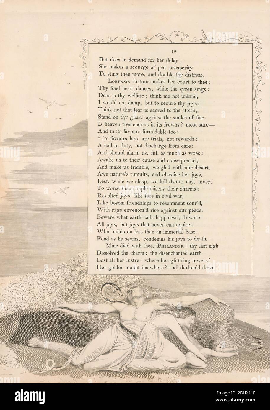 Plate 7 (pagina 12): 'I suoi favori qui sono le prove, non le ricompense', William Blake, 1757–1827, britannico, attribuito a Edward Young, 1683–1765, inglese, 1797, Engraving Foto Stock