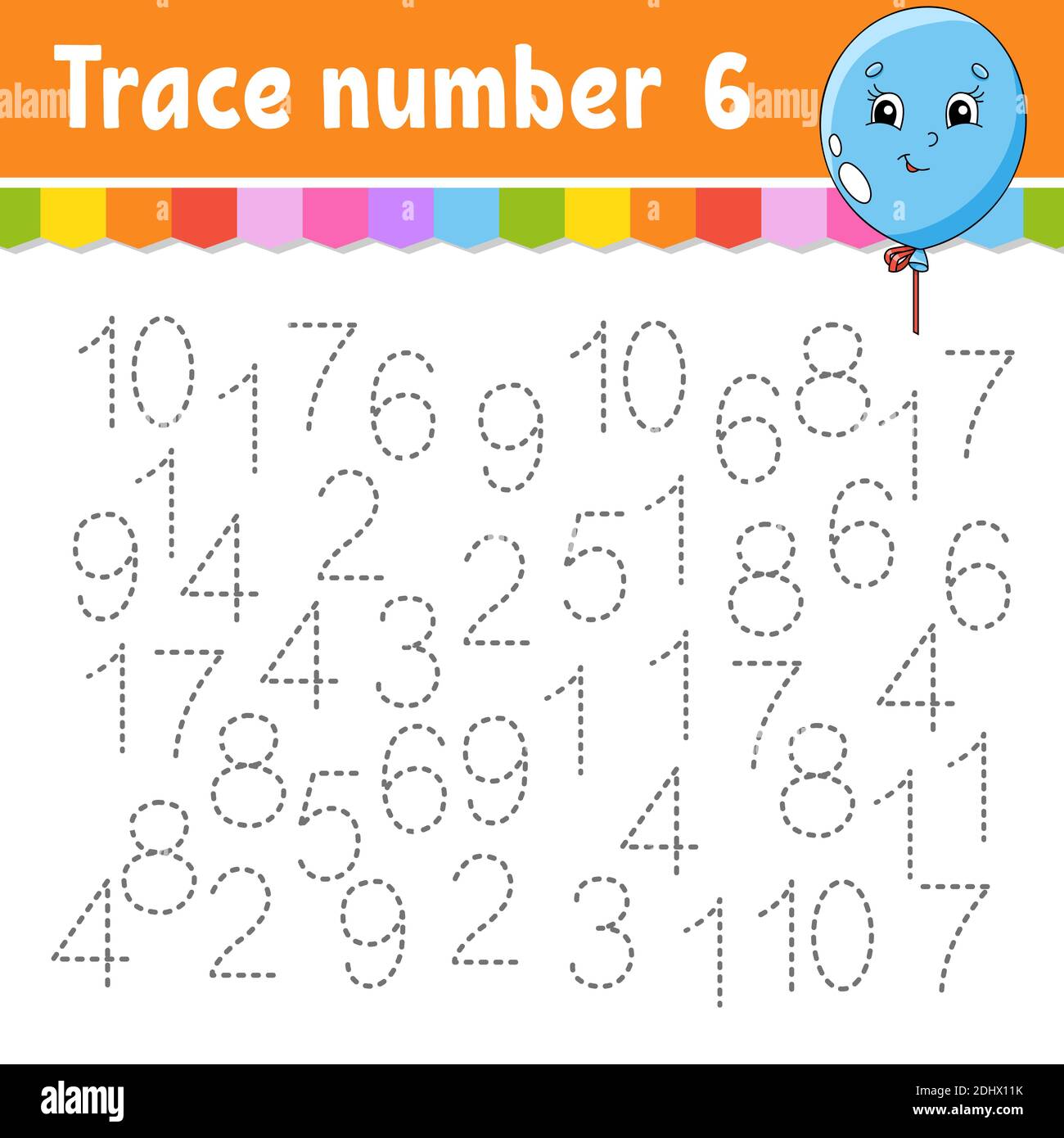 Numero traccia . Pratica di scrittura a mano. Numeri di apprendimento per bambini. Foglio di lavoro per lo sviluppo dell'istruzione. Pagina attività. Gioco per bambini e preschoolers. ISO Illustrazione Vettoriale