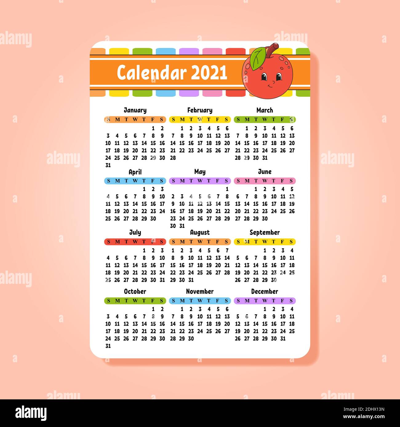 Calendario per il 2021 con un carattere carino. Design divertente e luminoso. Illustrazione vettoriale a colori isolata. Formato tascabile. Stile cartone animato. Illustrazione Vettoriale