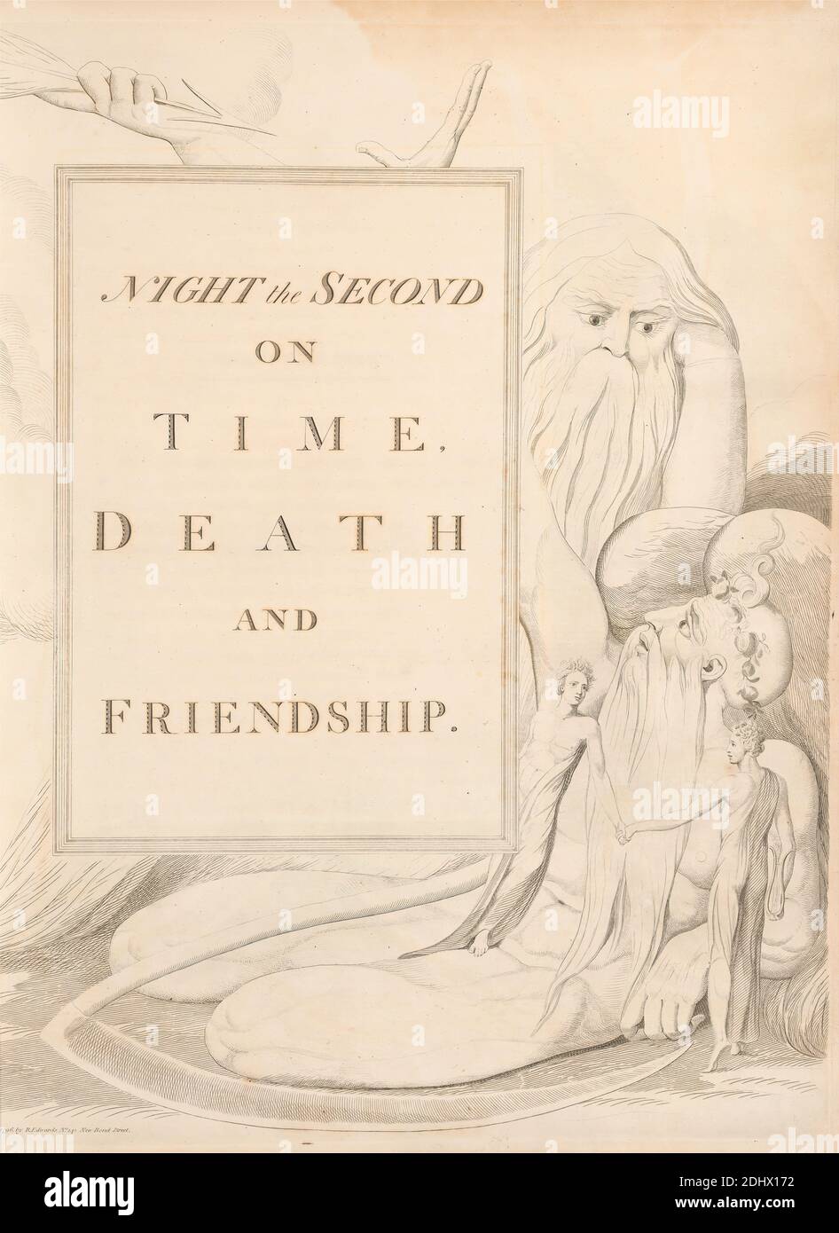 Plate 11 (pagina 17): 'NOTTE LA SECONDA/ IL TEMPO,/MORTE/ E AMICIZIA', William Blake, 1757–1827, britannico, attribuito a Edward Young, 1683–1765, inglese, 1797, Engraving Foto Stock