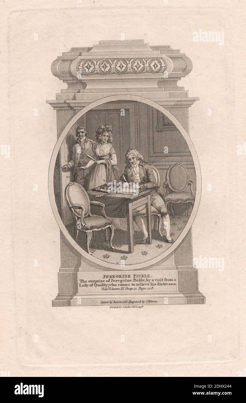 La sorpresa di Peregrine Pickle, da una visita di una Signora della qualità, che viene ad alleviare le sue distress, Charles Warren, 1767–1823, britannico, dopo Richard Corbould, 1757–1831, britannico, 1798, Engraving Foto Stock