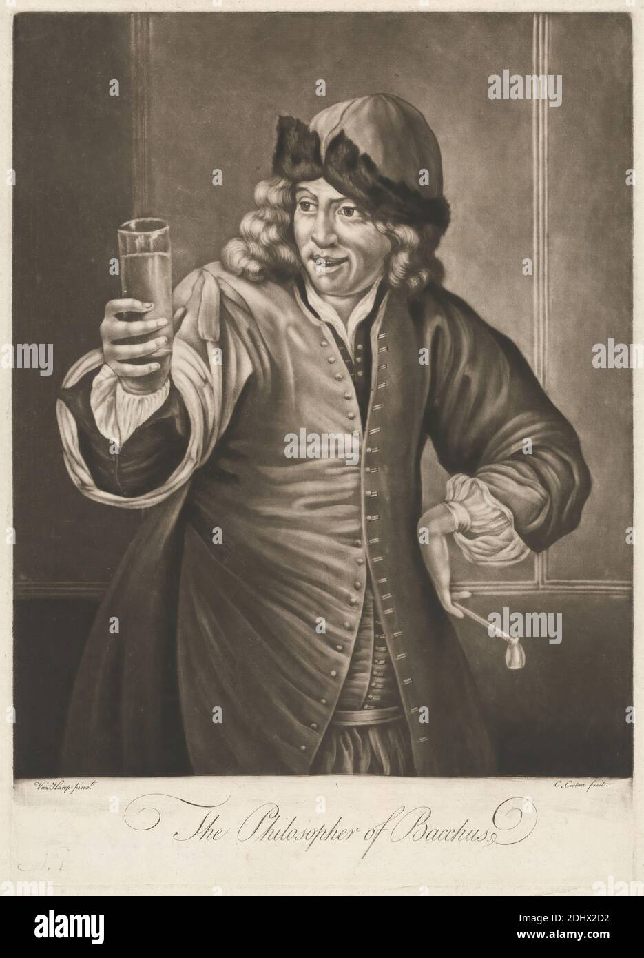 Il filosofo di Bacco, Stampa fatta da Richard Purcell, attivo 1746–1766, irlandese, dopo Willem van Herp i, 1614–1677, fiammingo, non satinato, Mezzotint su carta di spessore moderato, leggermente testurizzata, crema, foglio: 15 5/8 × 11 3/16 pollici (39.7 × 28.4 cm), Plexiglas: 24 1/16 × 10 pollici (61.1 × 25.4 cm) e immagine: 12 5/16 × 10 pollici (31.3 × 25.4 cm Foto Stock