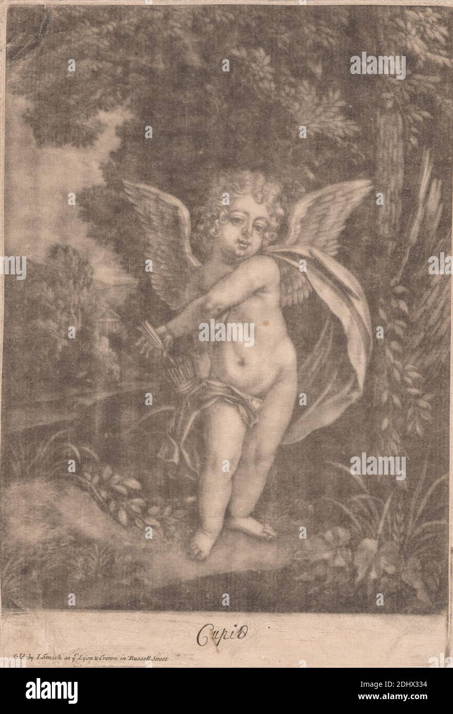 Cupid, Stampa fatta da John Smith, 1652–1743, inglese, non satinato, Mezzotint su carta leggermente spessa, leggermente testurizzata, bianca bluata, foglio: 8 9/16 × 5 13/16 pollici (21.7 × 14.8 cm) e immagine: 7 11/16 × 5 11/16 pollici (19.5 × 14.4 cm), frecce, bambino, ricci, foresta, dio, erba, amore, fremito, soggetto religioso e mitologico, sash, in piedi, alberi, ali Foto Stock