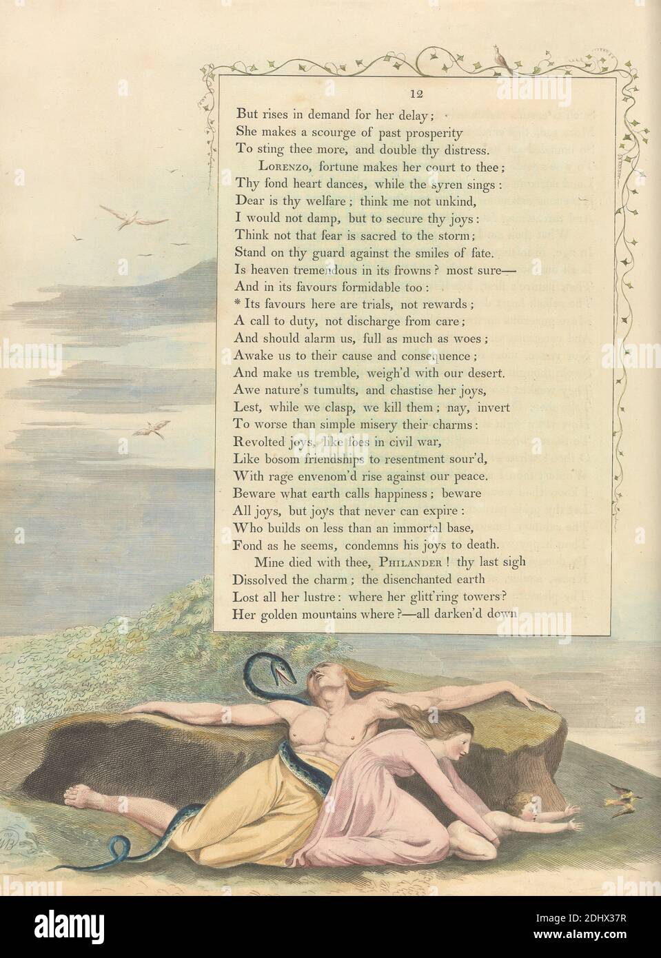 Young's Night Thoughts, pagina 12, 'i suoi favori qui sono prove, non premi', Stampa fatta da William Blake, 1757–1827, British, ca. 1797, incisione e incisione con acquerello su carta di wove crema di spessore moderato, leggermente testurizzata, colonna: 16 3/4 pollici (42.5 cm), foglio: 16 1/2 x 12 3/4 pollici (41.9 x 32.4 cm), e piastra: 15 3/4 x 12 3/4 pollici (40 x 32.4 cm), uccelli, bambini, erba, colline, tema letterario, uomini, rocce (forme di terra), serpenti, cielo, serpenti, testo, viti, donne Foto Stock