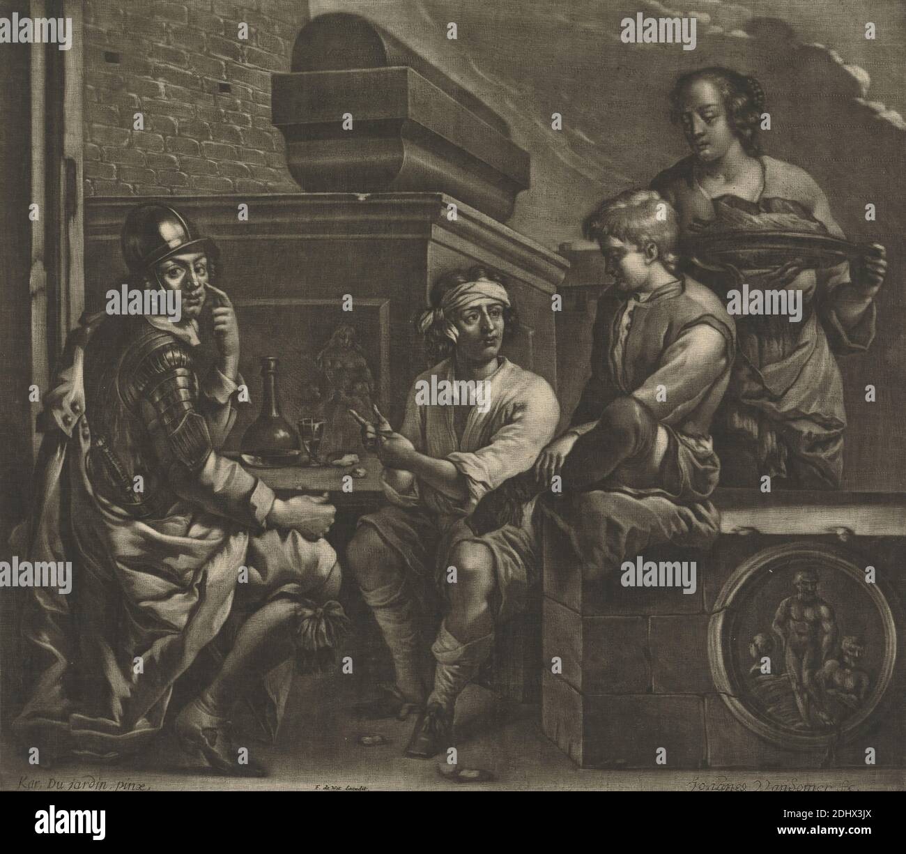 Soldiers Story, Stampa di Paul van Somer, ca. 1649–ca. 1694, olandese, dopo Karel Dujardin, 1621/22?–1678, olandese, non satinato, Mezzotint su carta leggermente spessa, leggermente testurizzata, bianca sfumata, foglio: 11 3/8 × 13 pollici (28.9 × 33 cm Foto Stock