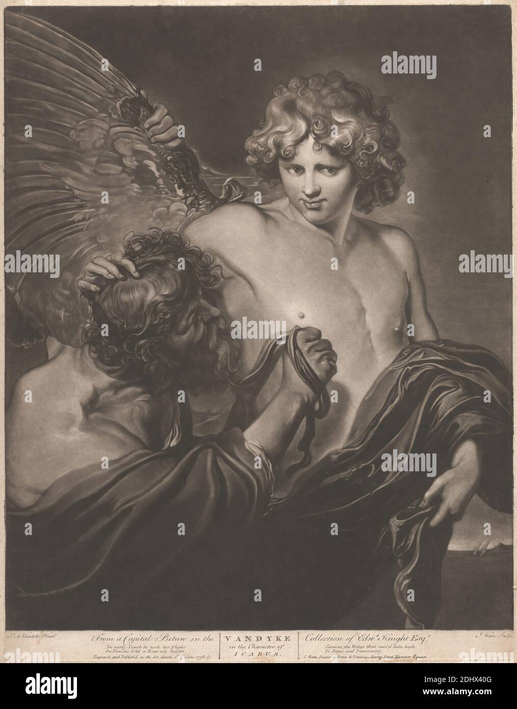 Van Dyke nel personaggio di Icarus, Stampa fatta da John Watts, attivo 1766–1786, dopo Sir Anthony Van Dyck, 1599–1641, fiammingo, attivo in Gran Bretagna (1620–21; 1632–34; 1635–41), 1778, Mezzotint su carta di spessore moderato, moderatamente testurizzata, beige, carta posata, foglio: 18 1/2 × 14 1/2 pollici (47 × 36.8 cm), piatto: 18 3/16 × 14 1/8 pollici (46.2 × 35.9 cm), e immagine: 17 5/16 × 14 1/16 pollici (44 × 35.7 cm), stoffa, ricci, allacciatura, padre, inventore, soggetto religioso e mitologico, figlio, ali, gioventù Foto Stock