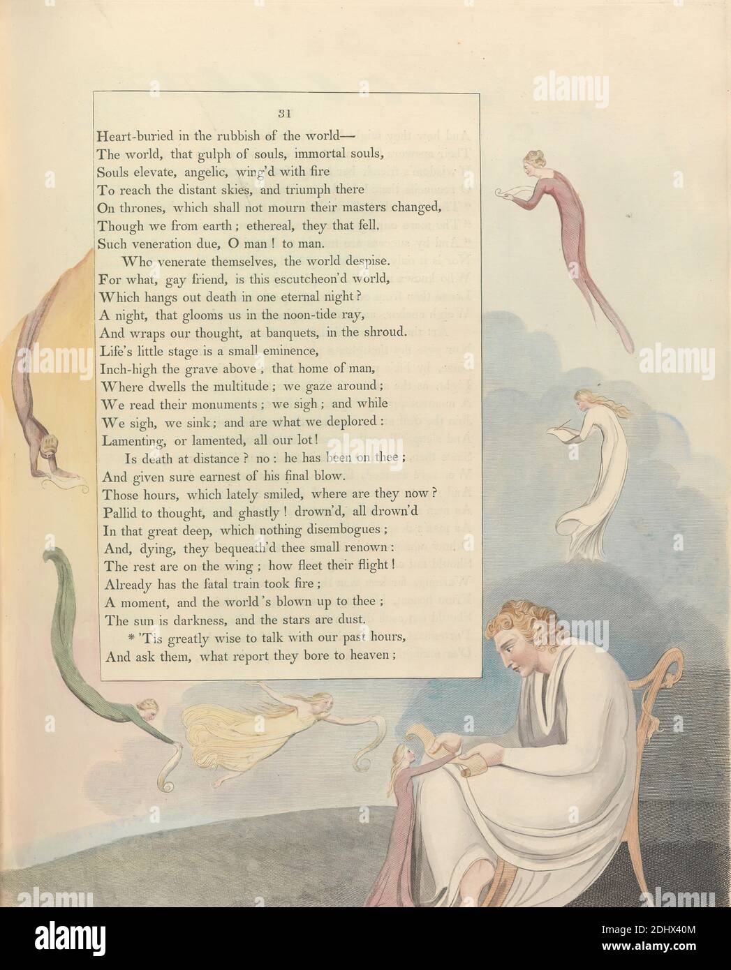 Young's Night Thoughts, pagina 31, ''è molto saggio parlare con le nostre ore passate', Stampa fatta da William Blake, 1757–1827, inglese, ca. 1797, incisione e incisione con acquerello su carta di wove crema di spessore moderato, leggermente testurizzata, colonna: 16 3/4 pollici (42.5 cm), foglio: 16 1/2 x 12 3/4 pollici (41.9 x 32.4 cm), e piastra: 16 1/8 x 12 5/8 pollici (41 x 32.1 cm), sedie, tema letterario, uomini, carta, rotoli, seduto, seduto, testo, donne Foto Stock