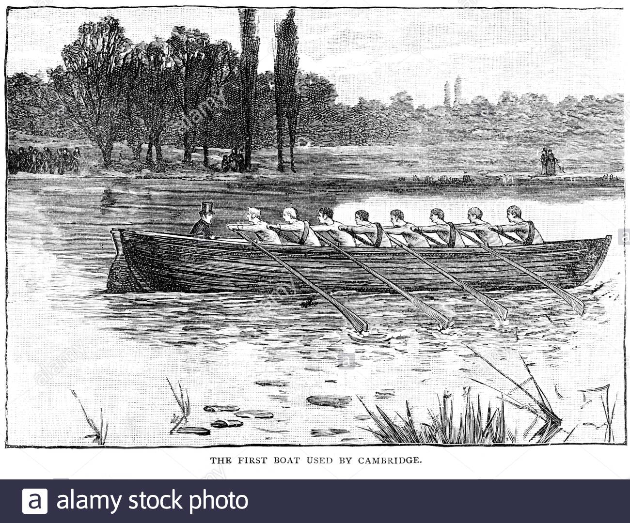 Prima barca usata da Cambridge, illustrazione d'epoca del 1800 Foto Stock