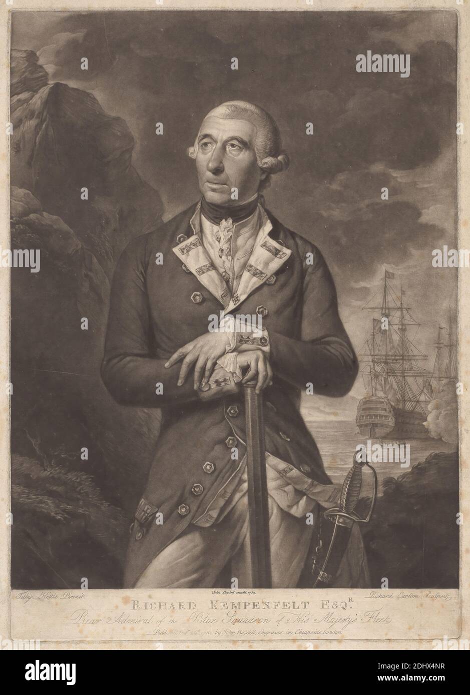 Richard Kempenfelt, Esq., Richard Earlom, 1743–1822, inglese, After Tilly Kettle, 1735–1786, inglese, attivo in India (1769–76), 1782, Mezzotint, foglio: 14 1/4 x 11 poll. (36.2 x 27,9 cm Foto Stock