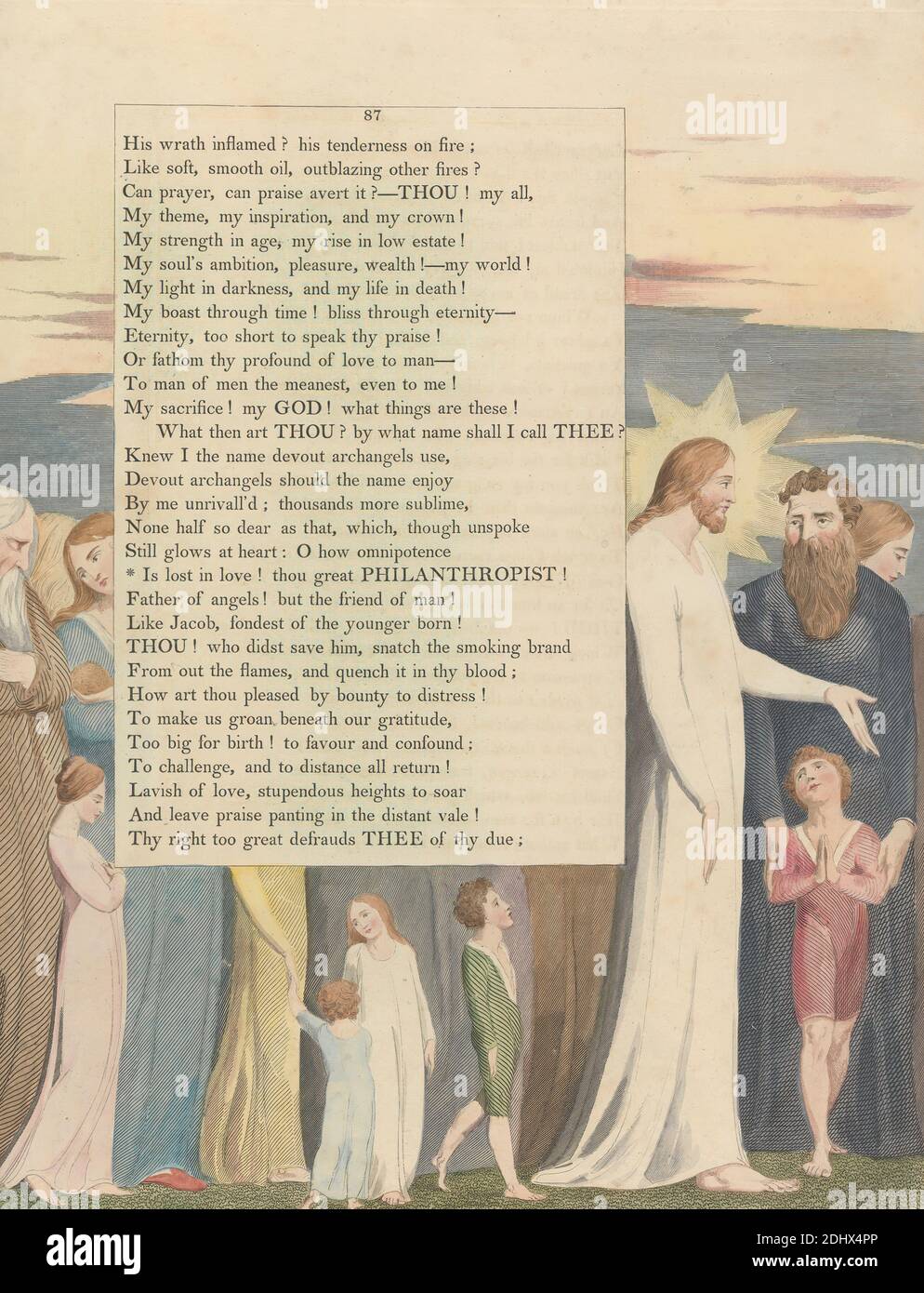 Young's Night Thoughts, pagina 87, 'si perde nell'amore! Tu grande filantropo', Stampa di William Blake, 1757–1827, inglese, ca. 1797, incisione e incisione con acquerello su carta di wove crema di spessore moderato, leggermente testurizzata, colonna: 16 3/4 pollici (42.5 cm), foglio: 16 1/2 x 12 7/8 pollici (41.9 x 32.7 cm), e piastra: 15 3/4 x 32.1 cm (12 5/8 x 40 pollici), barba, bambini, tema letterario, uomini, testo, donne Foto Stock