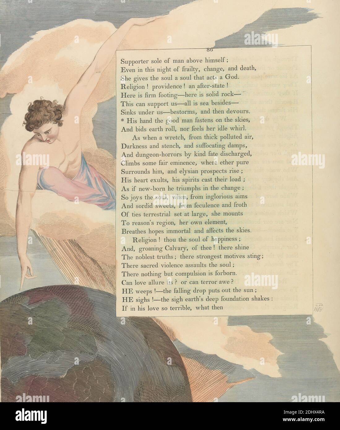 Young's Night Thoughts, pagina 86, 'la sua mano il buon uomo digiuna sul cielo', Stampa fatta da William Blake, 1757–1827, British, ca. 1797, incisione e incisione con acquerello su carta di wove crema di spessore moderato, leggermente testurizzata, colonna: 16 3/4 pollici (42.5 cm), foglio: 16 1/2 x 12 7/8 pollici (41.9 x 32.7 cm), e piastra: 15 1/2 x 12 7/8 pollici (39.4 x 32.7 cm), angelo, nuvole, terra, globo, tema letterario, uomini, pianeta, puntamento, testo Foto Stock