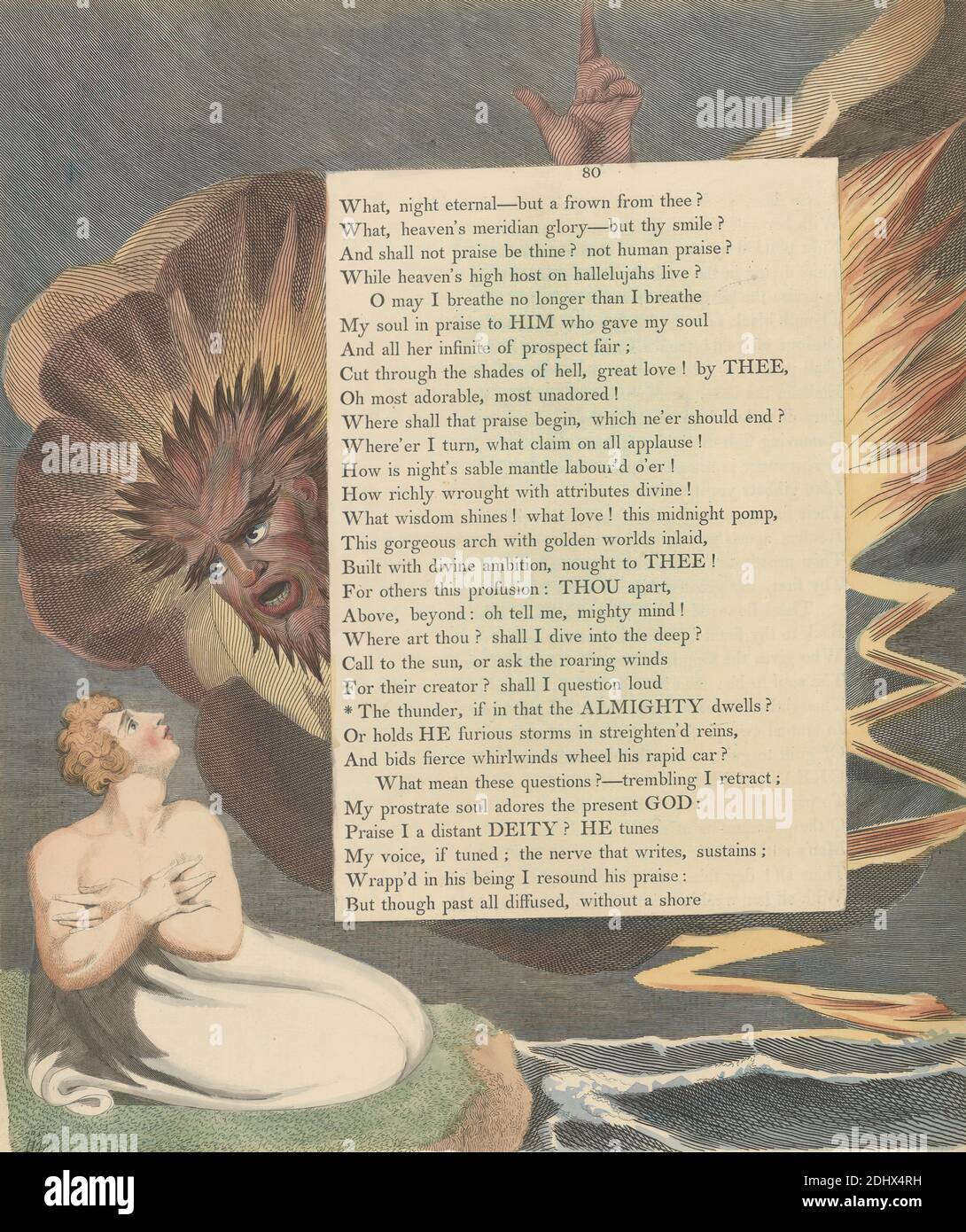 Young's Night Thoughts, pagina 80, 'The Thunder if in that the Onnipotente dwell', Stampa di William Blake, 1757–1827, British, ca. 1797, incisione e incisione con acquerello su carta di wove crema di spessore moderato, leggermente testurizzata, colonna: 16 3/4 pollici (42.5 cm), foglio: 16 1/2 x 12 3/4 pollici (41.9 x 32.4 cm), e piastra: 15 1/8 x 12 3/4 pollici (38.4 x 32.4 cm), erba, fulmini, tema letterario, uomini, testo, acqua Foto Stock