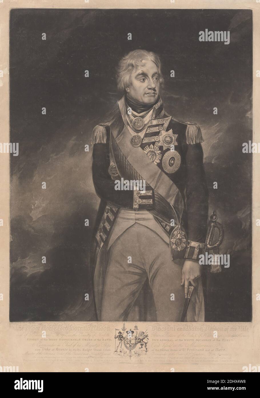 Horatio Nelson, Visconte Nelson, Richard Earlom, 1743–1822, inglese, dopo Sir William Beechey, 1753–1839, inglese, 1805, Mezzotint, stato pubblicato, foglio: 14 x 20 1/8in. (35.6 x 51,1 cm Foto Stock