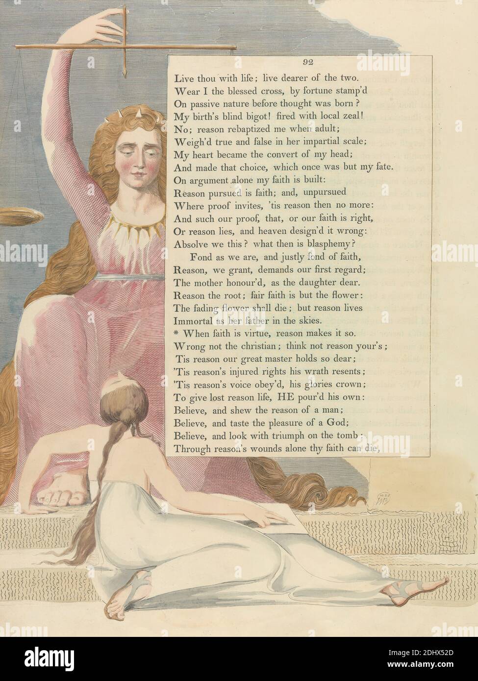 Young's Night Thoughts, pagina 92, 'When Faith is Virtue, Reason Makes IT so', Stampa di William Blake, 1757–1827, British, ca. 1797, incisione e incisione con acquerello su carta di wove crema di spessore moderato, leggermente testurizzata, colonna: 16 3/4 pollici (42.5 cm), foglio: 16 1/2 x 12 7/8 pollici (41.9 x 32.7 cm), e piastra: 15 5/8 x 12 7/8 pollici (39.7 x 32.7 cm), corone, tema letterario, carta, bilance (dispositivi di pesatura), testo, donne Foto Stock