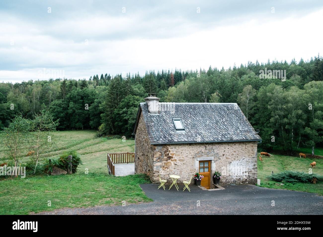 Una casa in campagna circondata da una foresta. Due sedie e un tavolo di fronte alla casa. Alberi verdi e un campo. Foto Stock