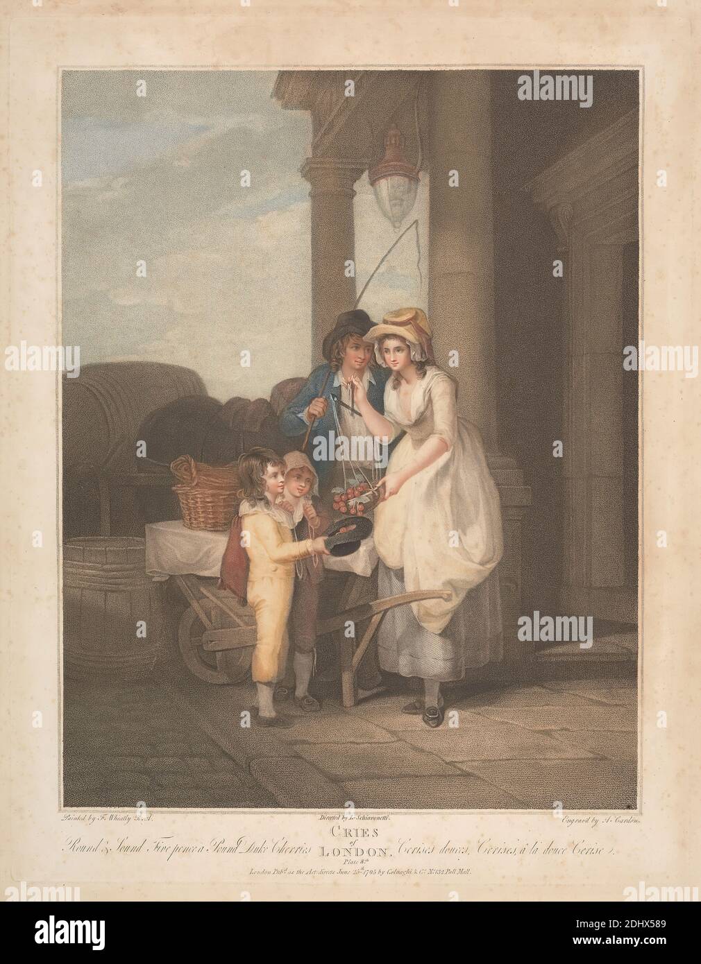 Round and Sound, Five Pence a Pound, Duke Cherries, Stampa realizzata da Anthony Cardon, 1772–1813, fiammingo, After Francis Wheatley, 1747–1801, British, 1795, incisione con impresso, stampata a colori, lastra: 16 1/8 x 12 5/8in. (41 x 32,1 cm), soggetto di genere Foto Stock