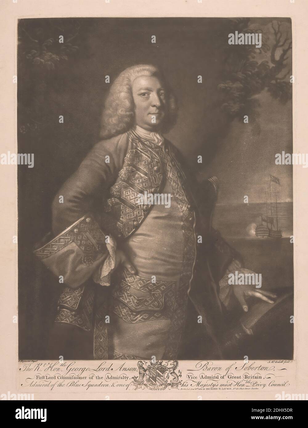Il diritto onorevole George Lord Anson, James McArdell, ca. 1729–1765, irlandese, dopo Sir Joshua Reynolds RA, 1723–1792, inglese, 1821, Mezzotint, foglio: 11 x 14 7/8in. (27.9 x 37,8 cm Foto Stock