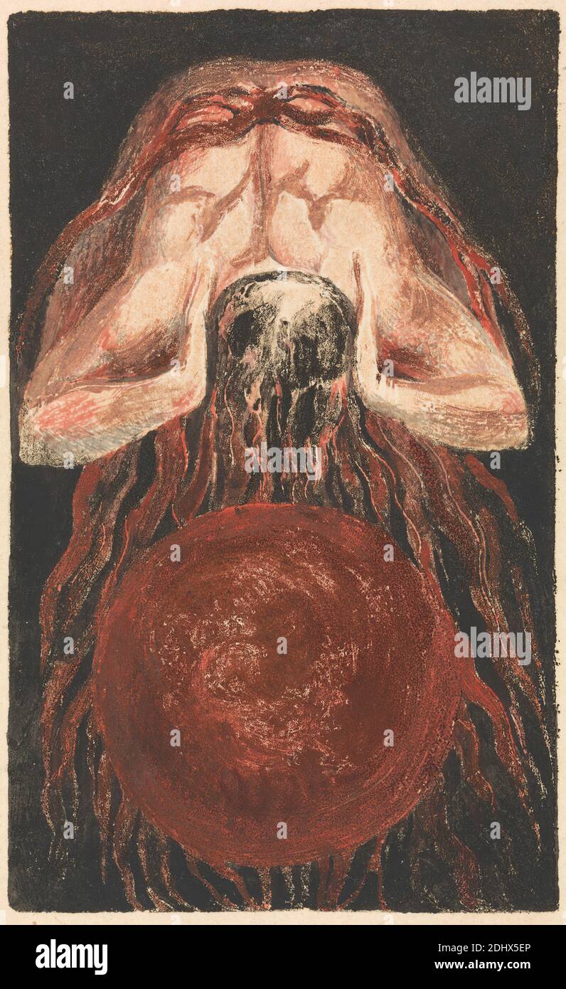 The First Book of Urizen, Plate 16 (Bentley 17), Print Made by William Blake, 1757–1827, British, 1794, Colour-printed relief Etching in arancio-marrone con acquerello su carta di media spessore, leggermente testurizzata, crema di wove, foglio: 11 7/8 x 9 5/8 pollici (30.2 x 24.4 cm) e piastra: 5 7/8 x 3 5/8 pollici (14.9 x 9.2 cm), sangue, globo, tema letterario, sinews Foto Stock