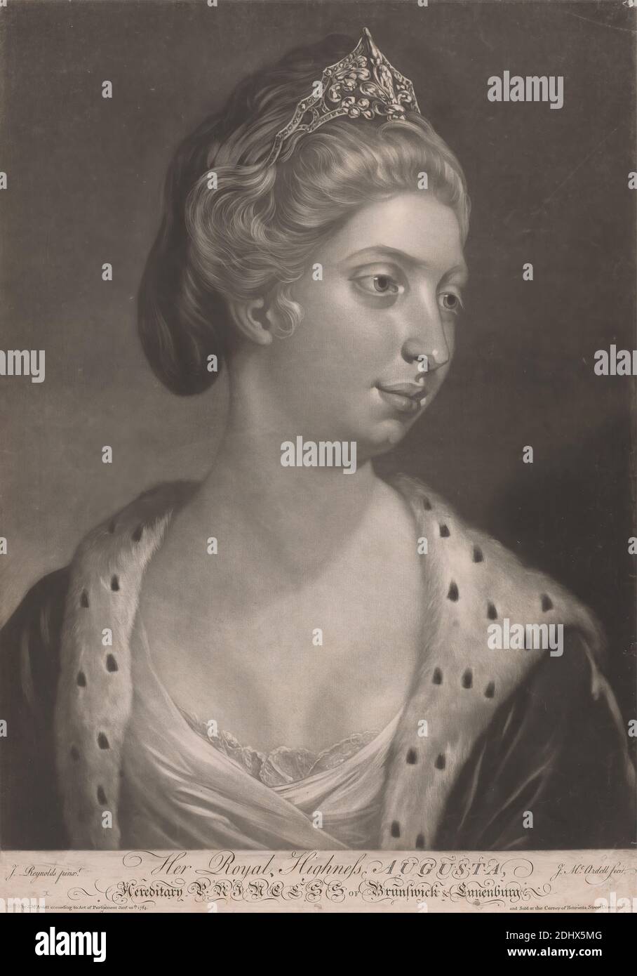 Sua altezza reale Augusta, Principessa ereditaria di Brunswick e Lunenburg, James McArdell, ca. 1729–1765, irlandese, dopo Sir Joshua Reynolds RA, 1723–1792, inglese, 1764, Mezzotint, foglio: 18 1/2 x 14 pollici. (47 x 35,6 cm Foto Stock