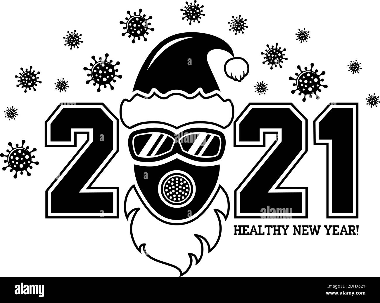 2021 Poster o logo di concetto di Capodanno sano con cappello Santa e maschera protettiva e occhiali. Fermare il coronavirus influenzale. Vettore su backgrou trasparente Illustrazione Vettoriale